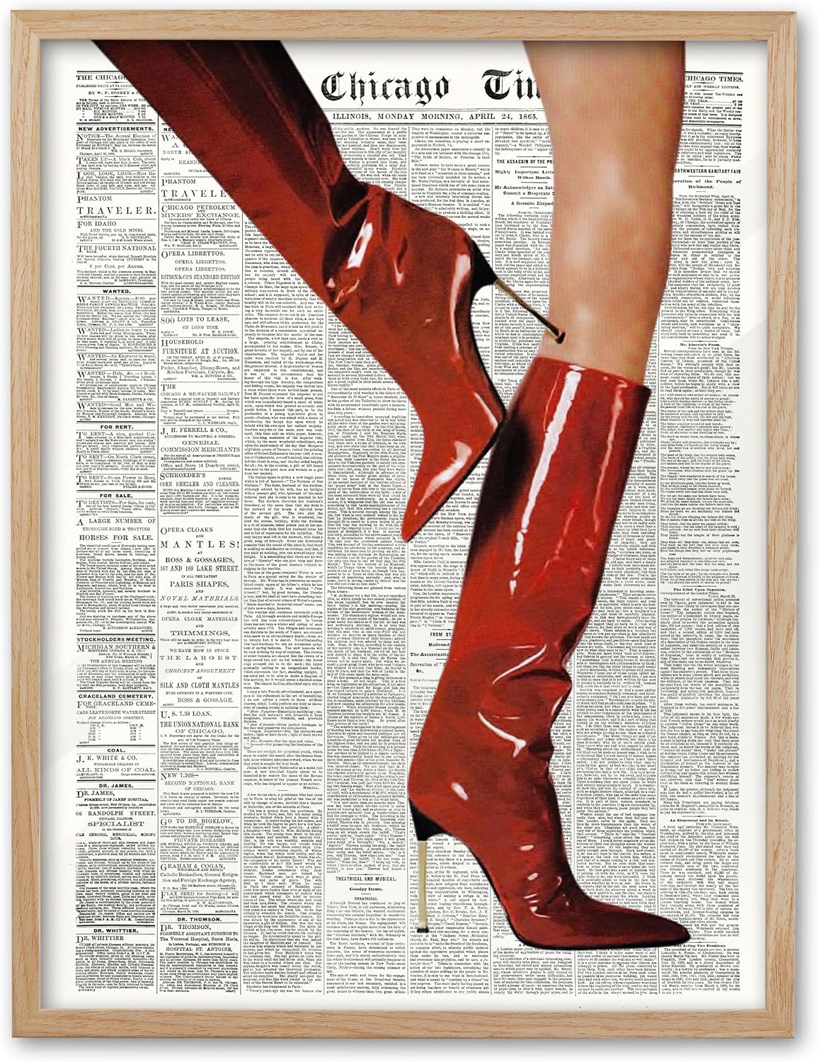 EcoHest Small 8x10 in Red Boots Newspaper Framed Wall Art