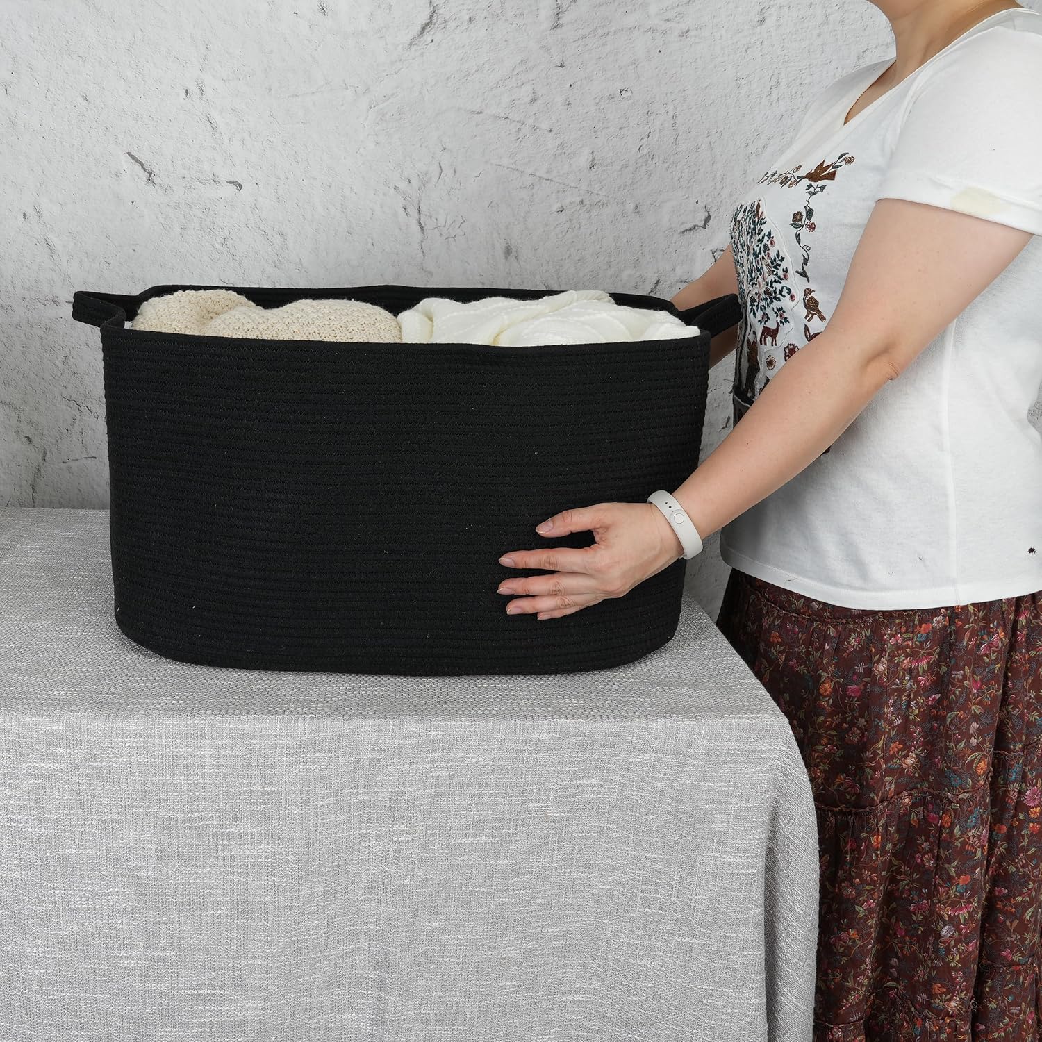Large Rectangle Blankets Basket Living Room " Woven Cotton Rope Storage / Black / 22 x 17 x 12