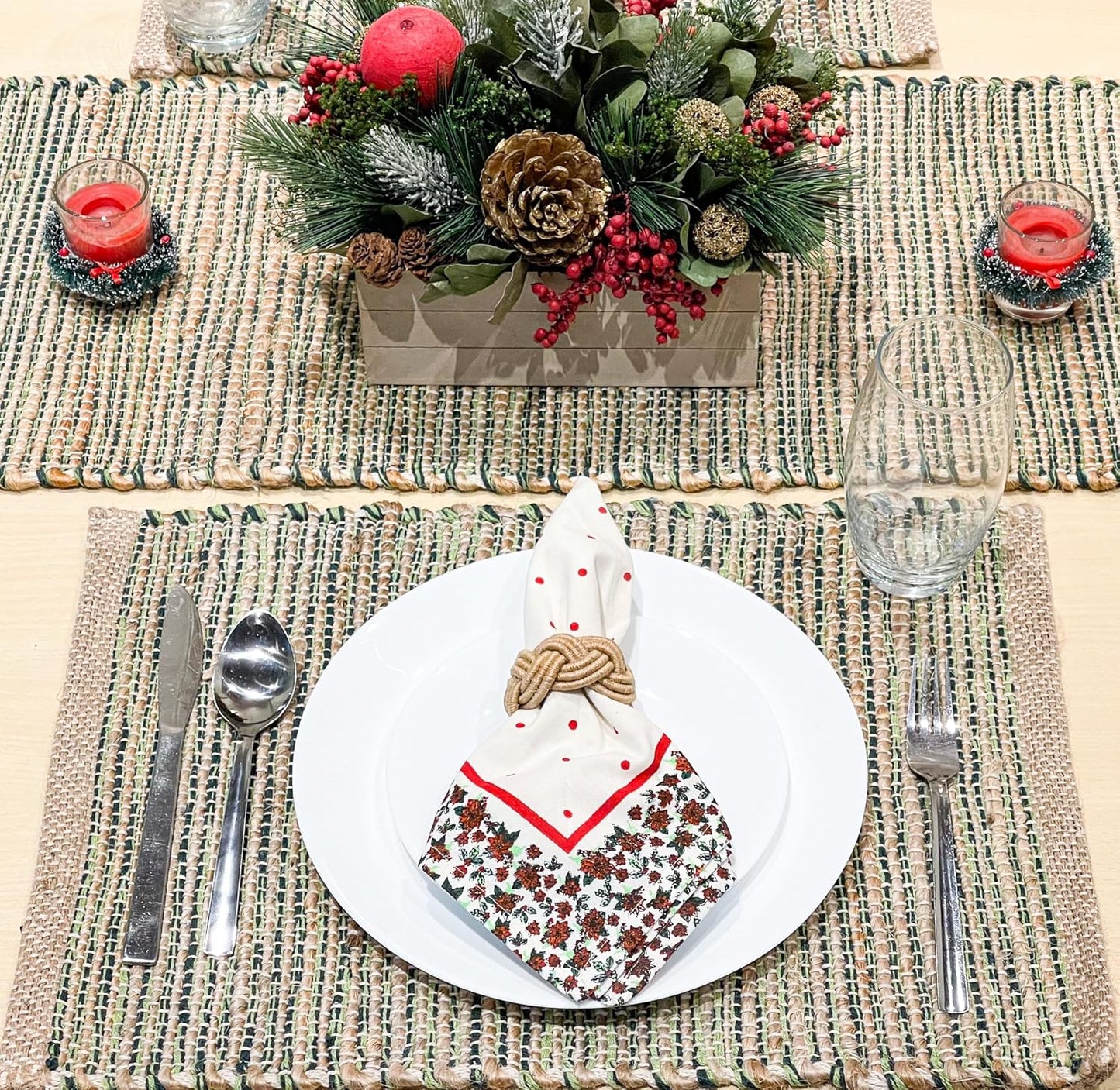 Natural Jute & Green Placemats, Set of 4 – Rustic Handmade Boho Table Mats, 13x19 Inch Dining Table Placemats for