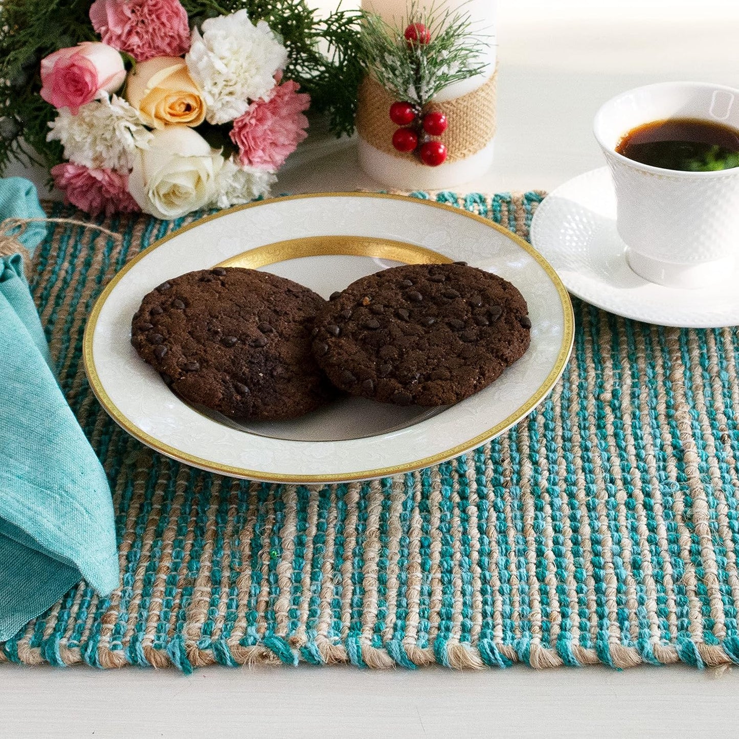 Natural Jute & Aqua Turquoise Placemats, Set of 4 – Rustic Handmade Boho Table Mats, 13x19 in Dining Table Placemats