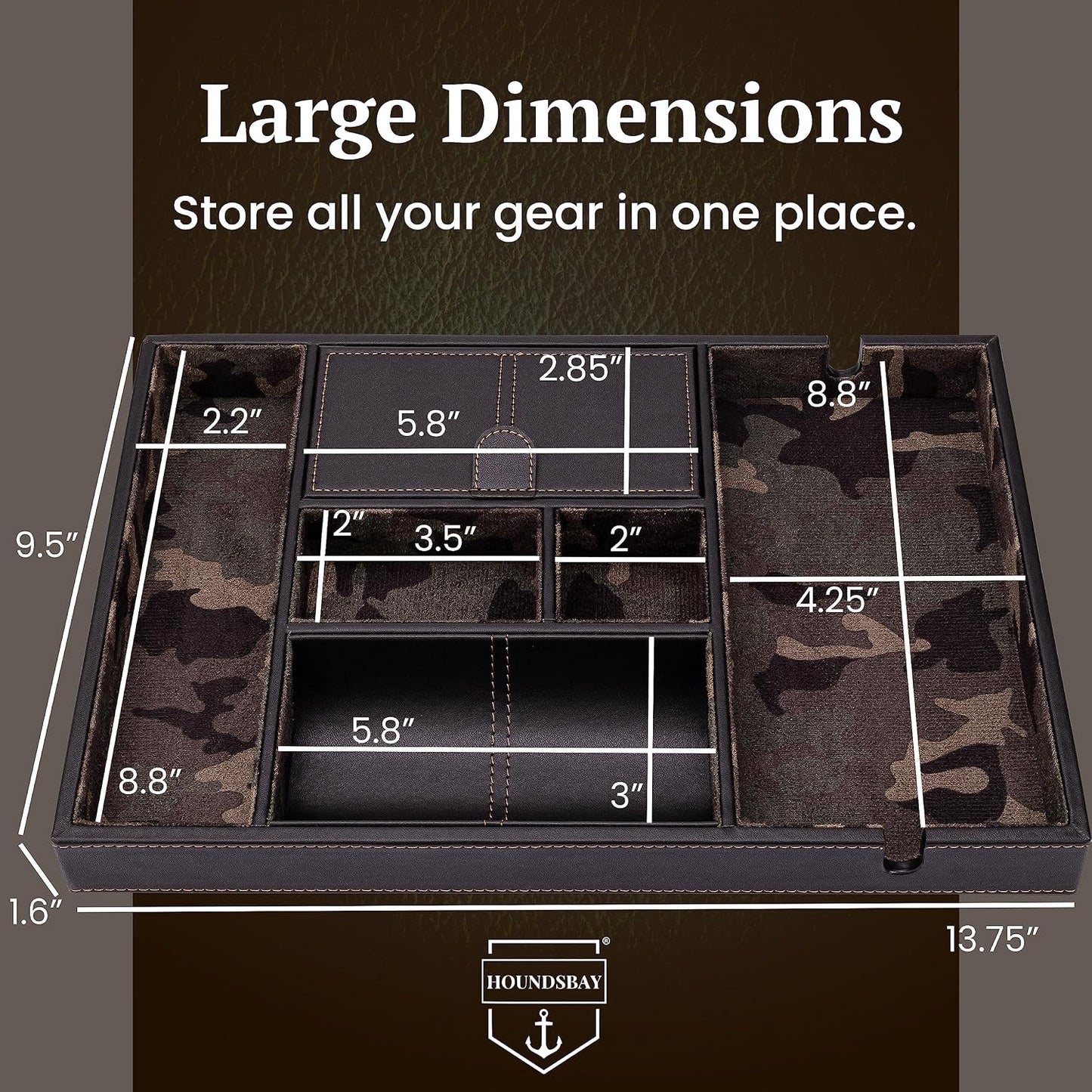 HOUNDSBAY Victory Valet Tray for Men, Camo Gifts for Men, Handmade PU Leather EDC Tray, Scratch Resistant, Nightstand