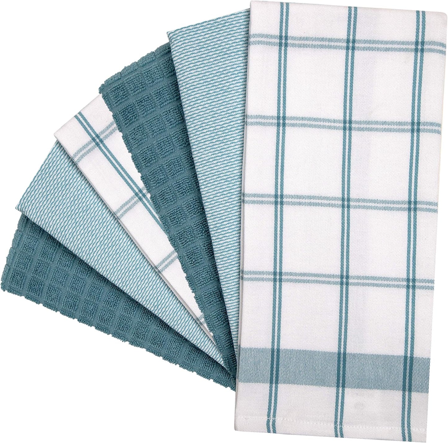 Premium Kitchen Towels 6 Pack 100% Cotton, 20"x28" Dish Towels - Teal Check | Large Flat & Terry Kitchen Linen Set with