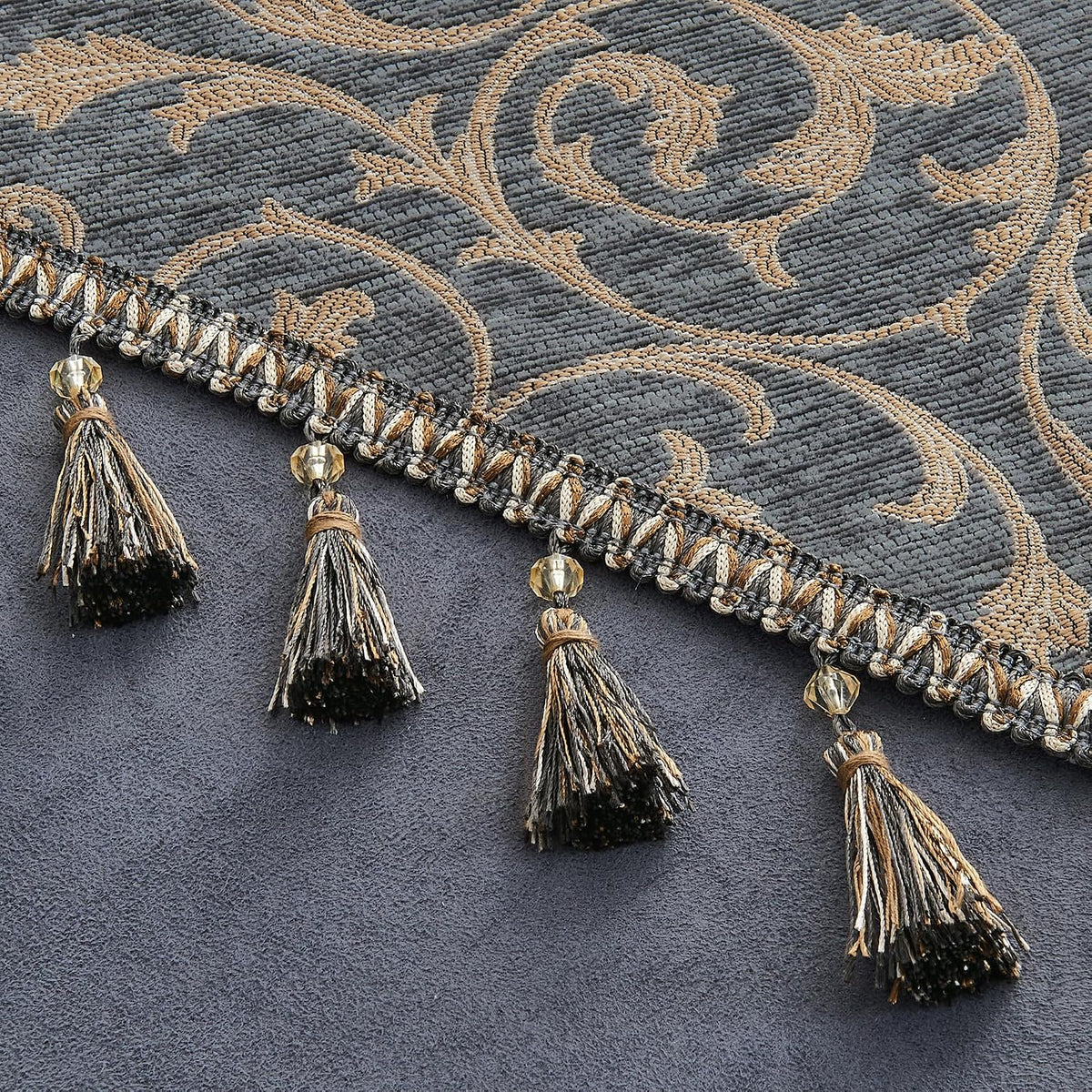 Loom and Mill Chenille Damask Table Runner 108 inches Long, Blue-Grey+Khaki | Classic Elegant Acanthus Jacquard Table