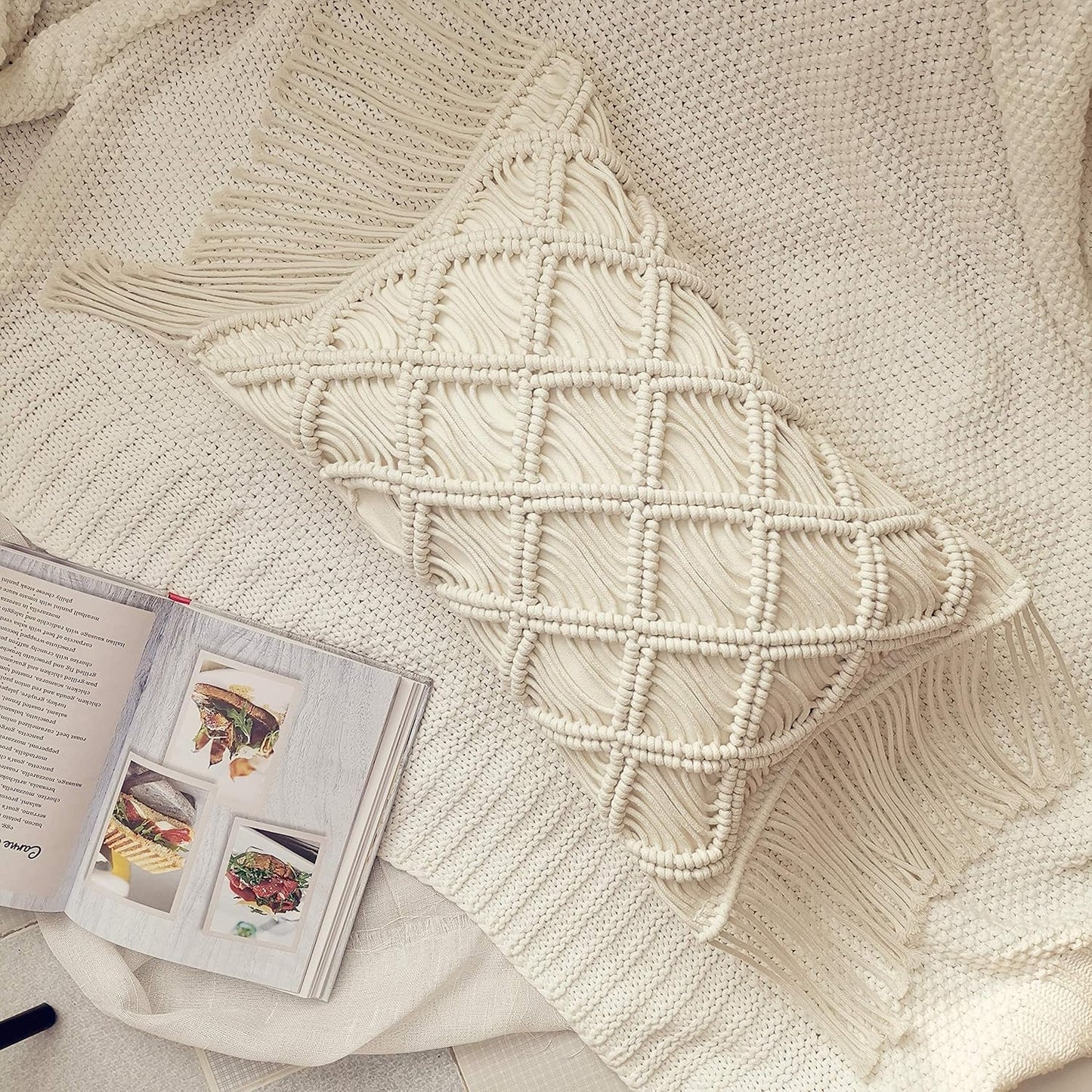 Macrame Lumbar Pillow Cover- Decorative Thorw Pillowcase Boho Tassel Cushion Covers / A / Set of 2