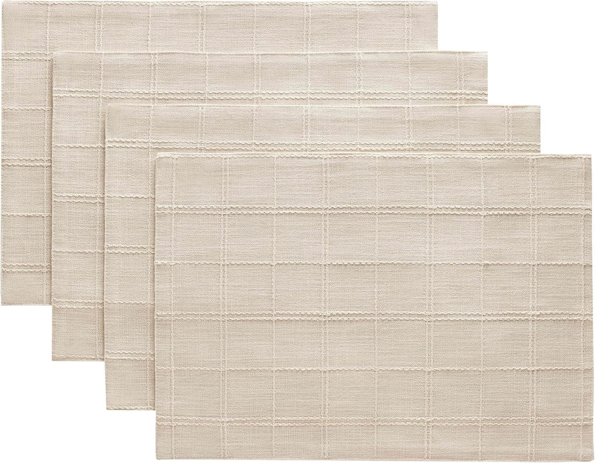Linen Checked Farmhouse Placemats Set of 4, Neutral Beige 13x19in | Double Layer, Reversible, Thick Textured Table