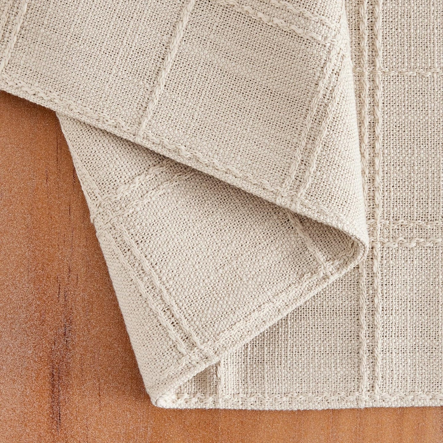 Linen Checked Farmhouse Placemats Set of 6, Neutral Beige 13x19in | Double Layer, Reversible, Thick Textured Table