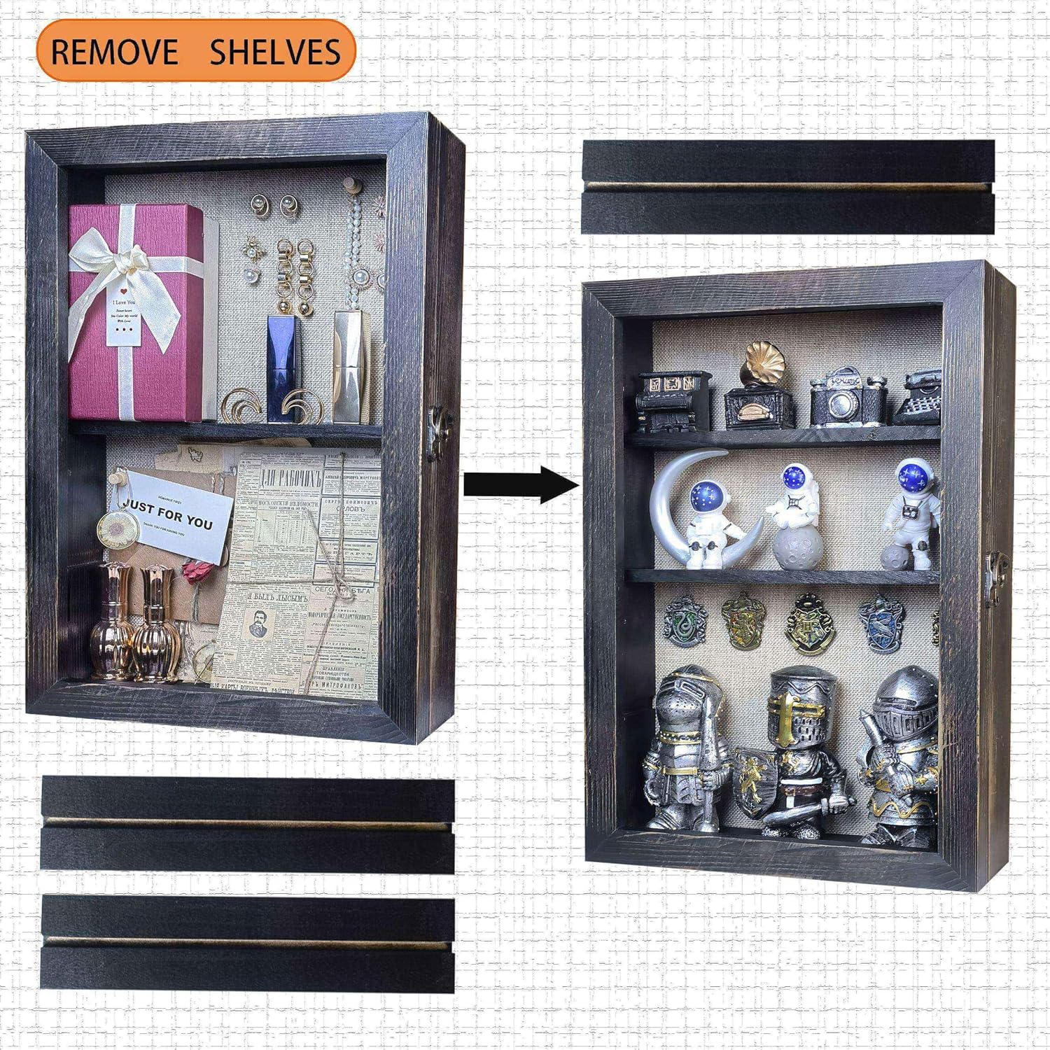 Black 11x16 Large Shadow Box Frame Deep Shadow Box with Shelves Pet Memorial Shadow Box Display Case with Linen Back