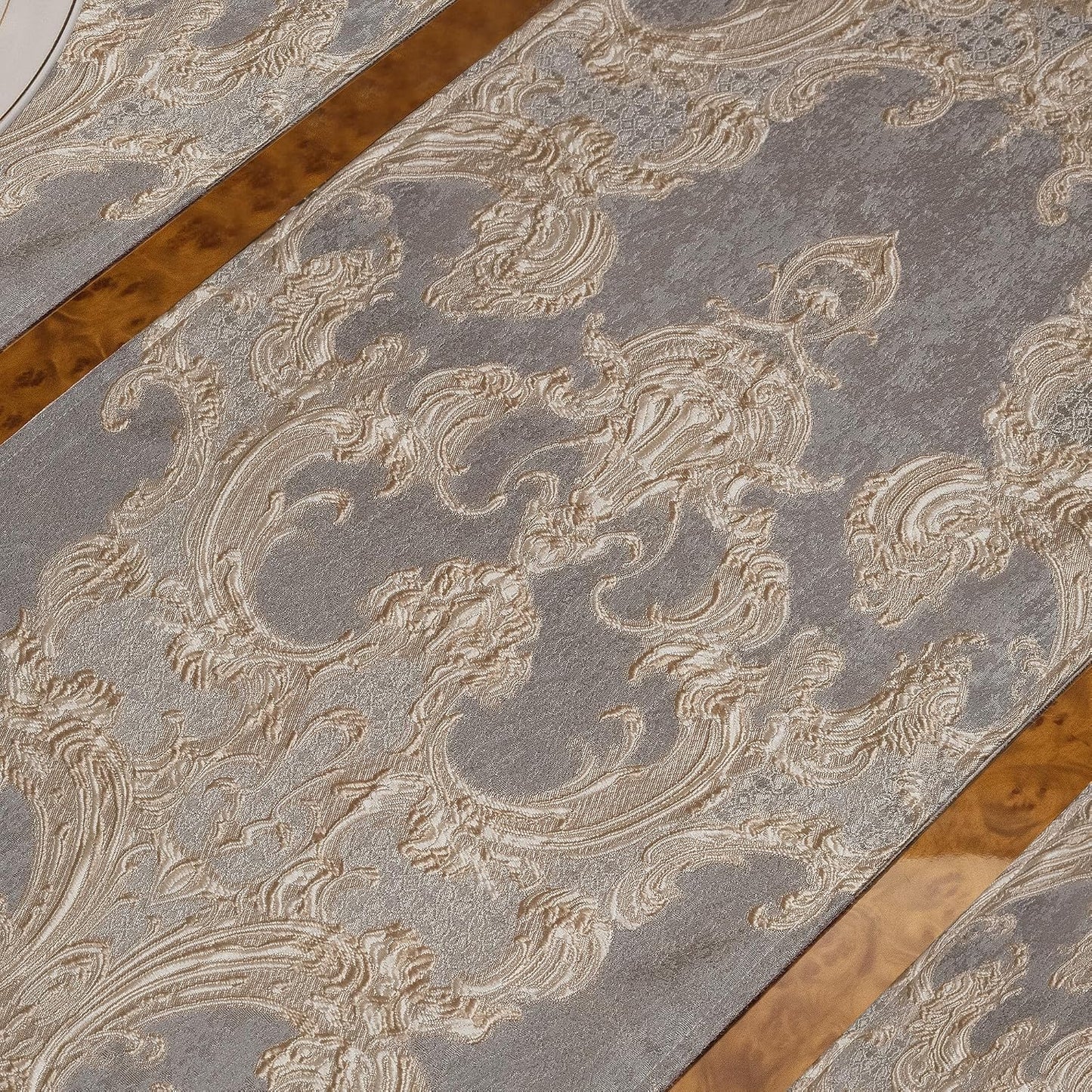 Loom and Mill Luxury Jacquard Damask Table Runner 90 Inches Long, Gray | Elegant Dining Table Runners with Handmade