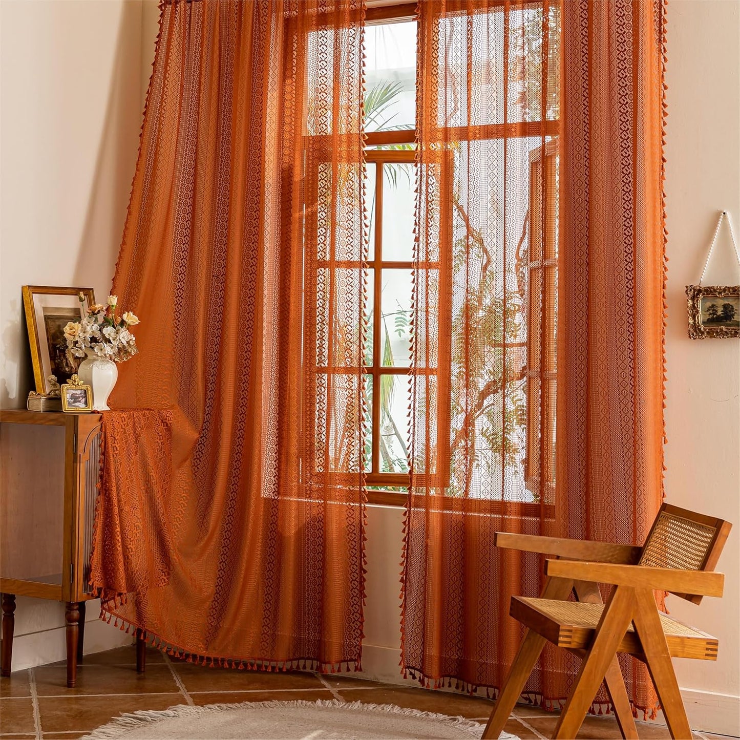 Boho Lace Curtains 2 Panels Long / Terracotta / 50"W x 84"L / Orange / 84 Inch