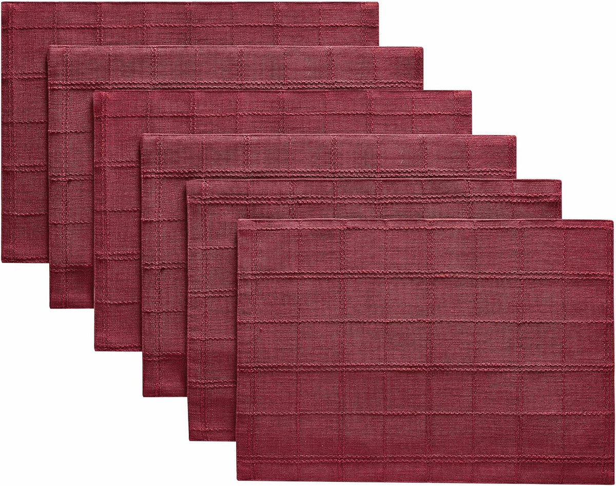 Linen Checked Farmhouse Placemats Set of 6, Burgundy 13x19in | Double Layer, Reversible, Thick Textured Table Mats