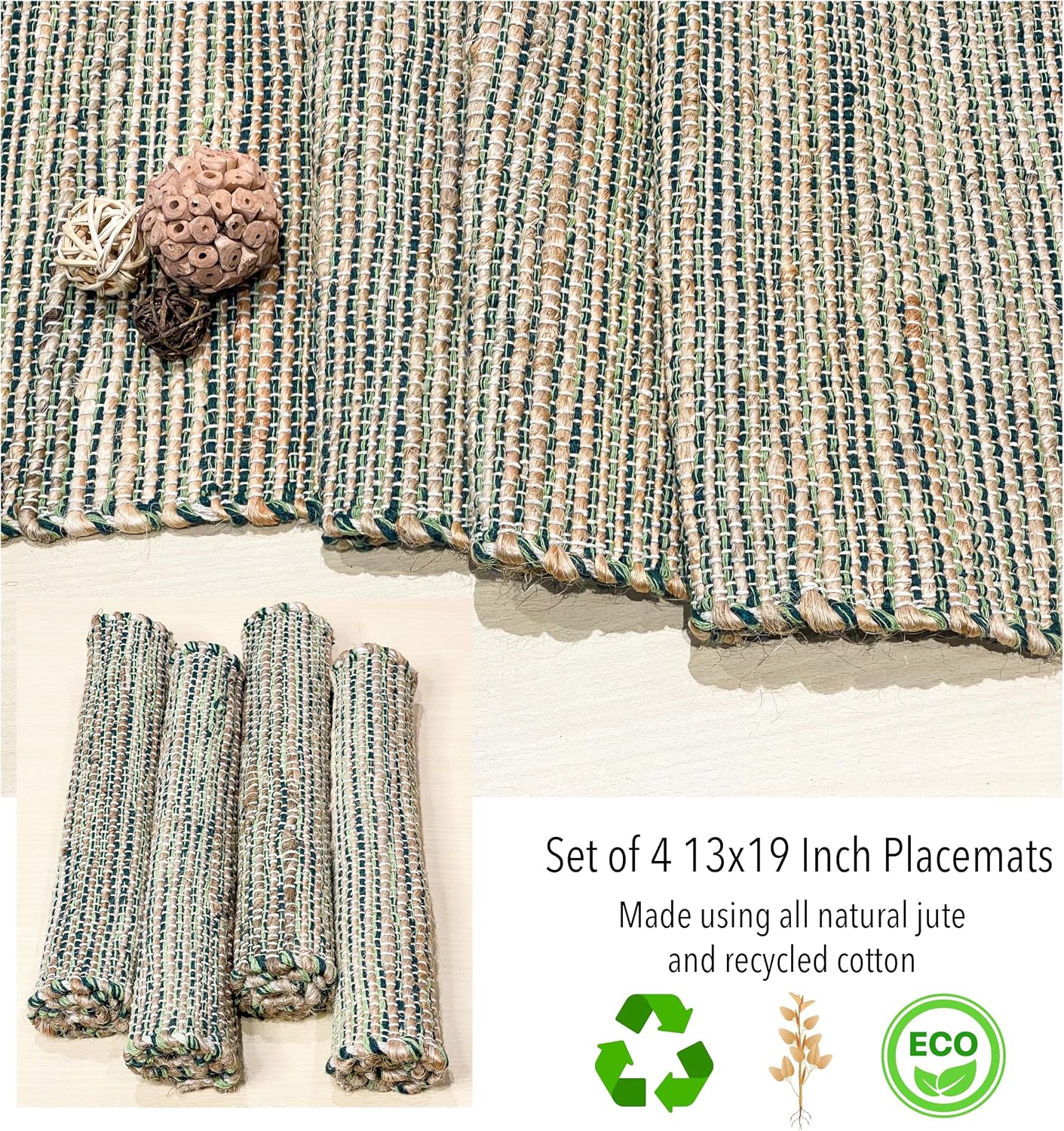 Natural Jute & Green Placemats, Set of 4 – Rustic Handmade Boho Table Mats, 13x19 Inch Dining Table Placemats for
