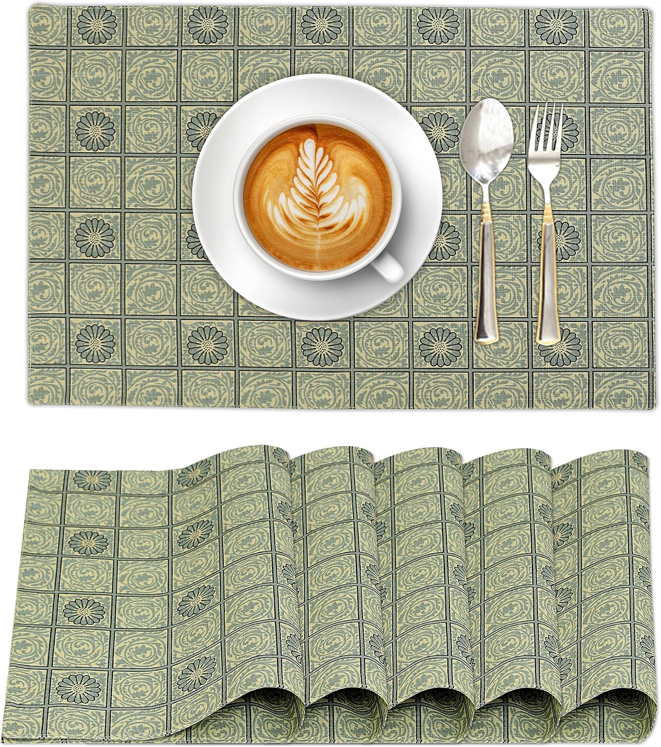 Ruvanti Placemats Set of 6, 100% Cotton Place Mats of 13"x19", Floral Tiles | Heat, Stain resistant, Washable