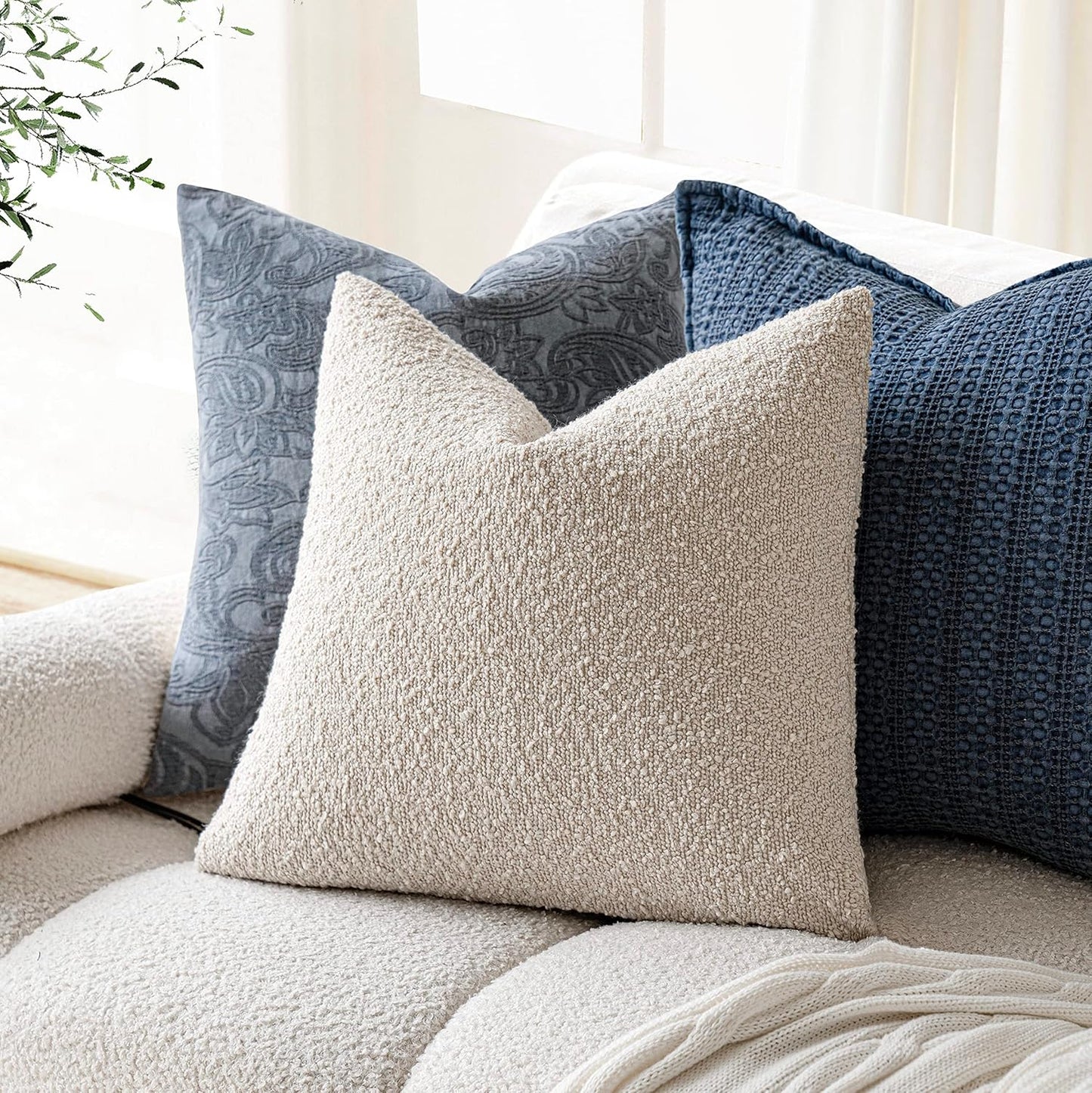 Textured Boucle Throw Pillow Covers Accent Solid Pillow Cases Soft / 18 x 18 / Beige / Set of 2