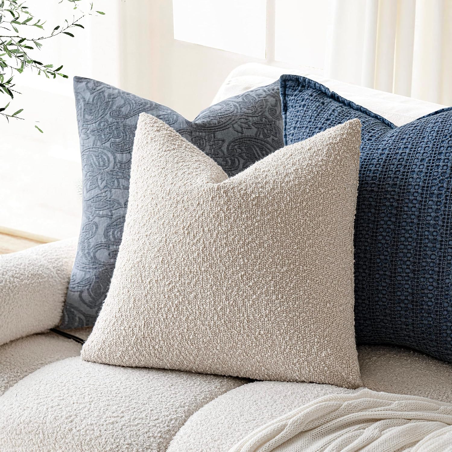 Textured Boucle Throw Pillow Covers Accent Solid Pillow Cases Soft / 18 x 18 / Beige / Set of 2
