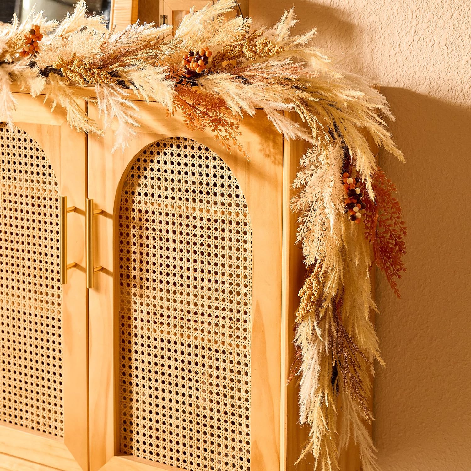 Pre-Lit Light Up Artificial Faux Pampas Grass Garland / Orange and Gold / 6 Inch
