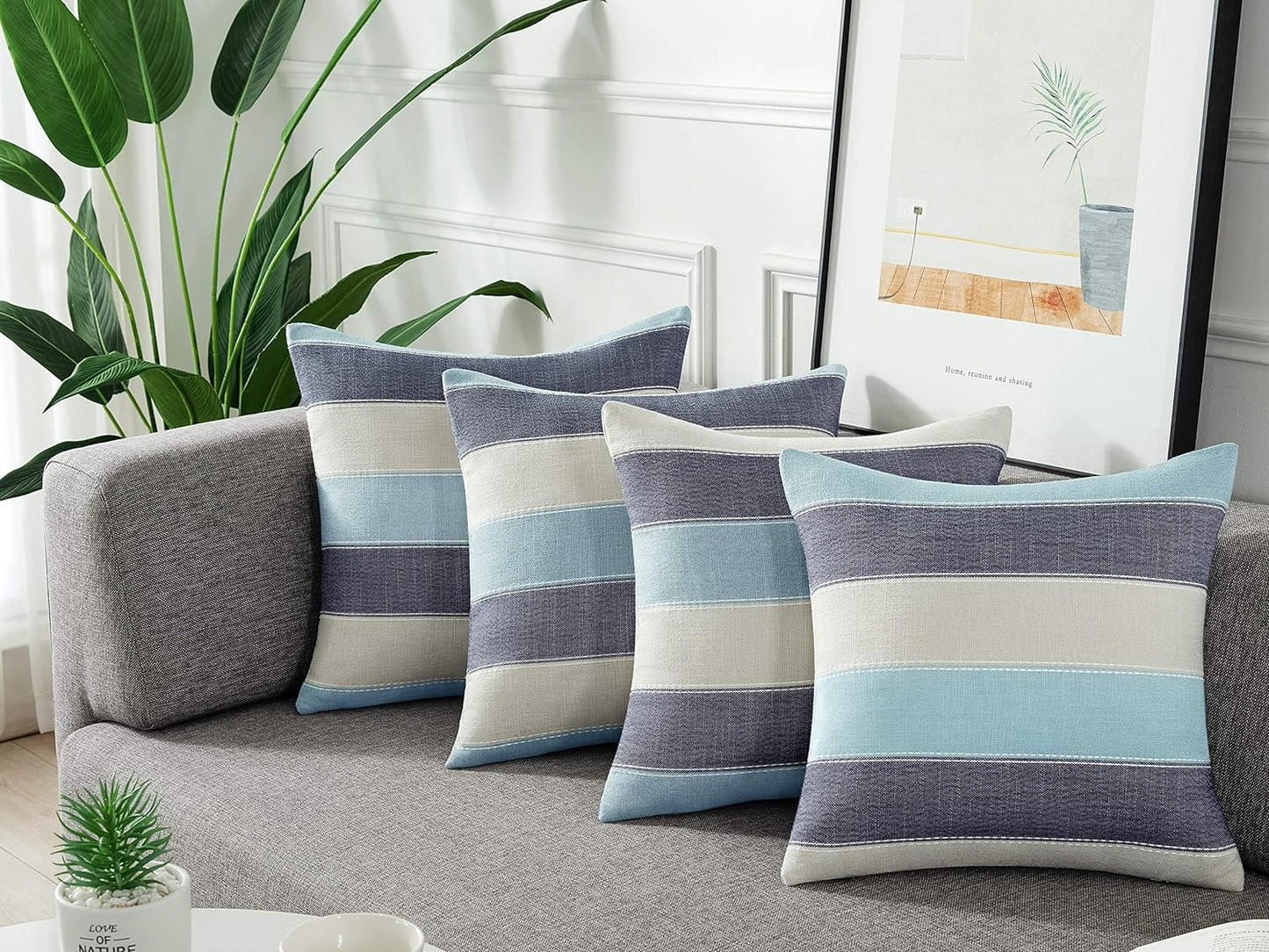 Farmhouse Stripe Check Throw Pillow Covers Set Case Cotton Linen / 18 x 18 / Blue Beige / Set of 2
