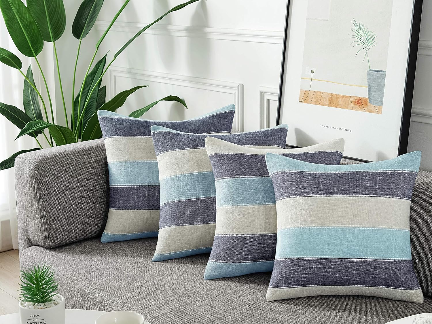 Farmhouse Stripe Check Throw Pillow Covers Set Case Cotton Linen / 18 x 18 / Blue Beige / Set of 2