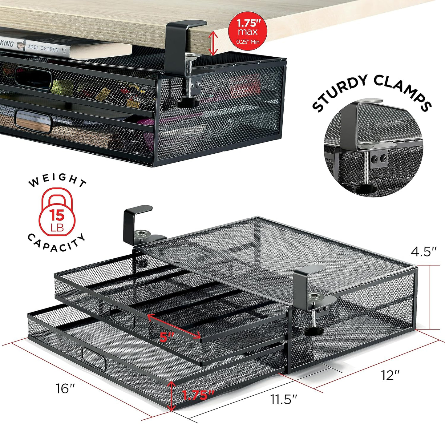 Homeify Under Desk Drawer Organizer Clamp-On, Mesh Metal Drawer Attachment, 2 Drawer Slide Out, On Or Under Desk