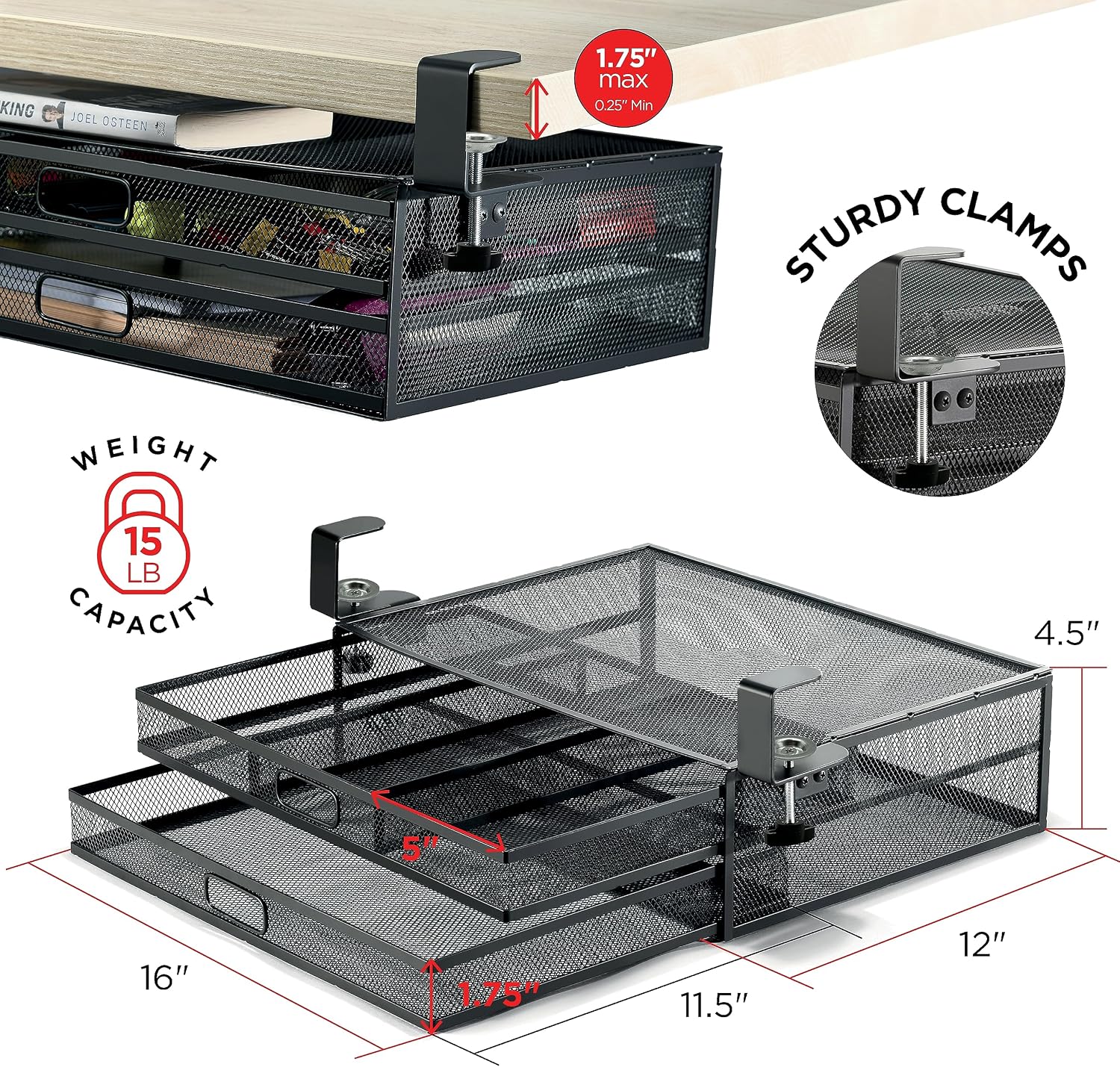 Homeify Under Desk Drawer Organizer Clamp-On, Mesh Metal Drawer Attachment, 2 Drawer Slide Out, On Or Under Desk
