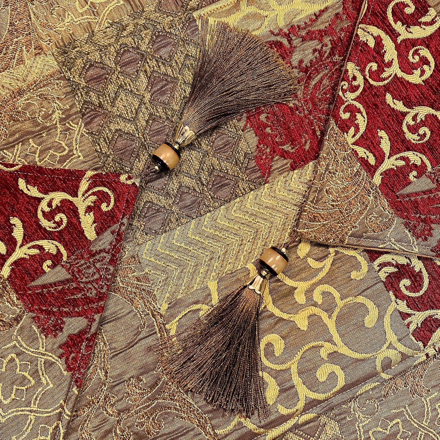 Loom and Mill Luxury Jacquard Table Runner 13x72 inch, Triangle-Red Gold | Patchwork Design Chenille Dining Table