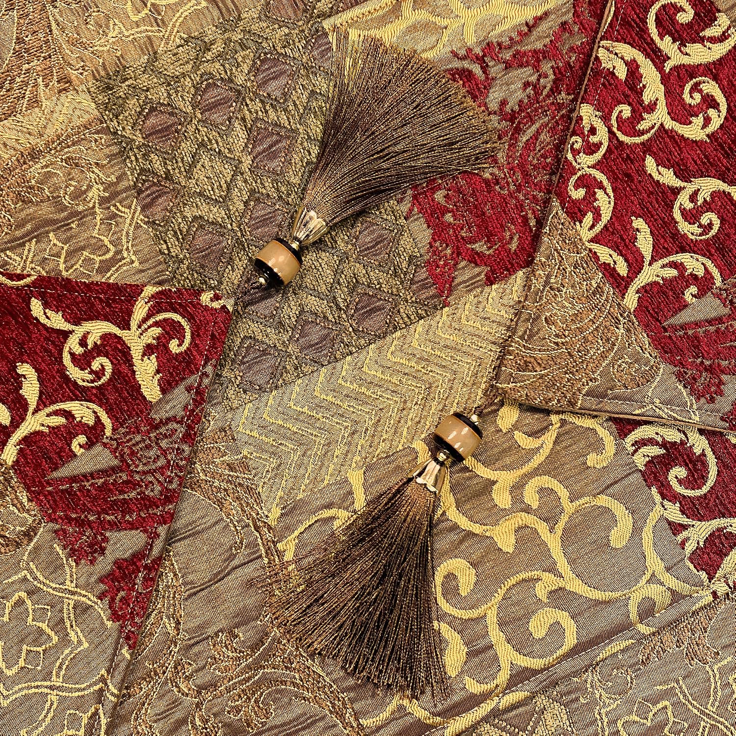 Loom and Mill Luxury Jacquard Table Runner 13x72 inch, Triangle-Red Gold | Patchwork Design Chenille Dining Table