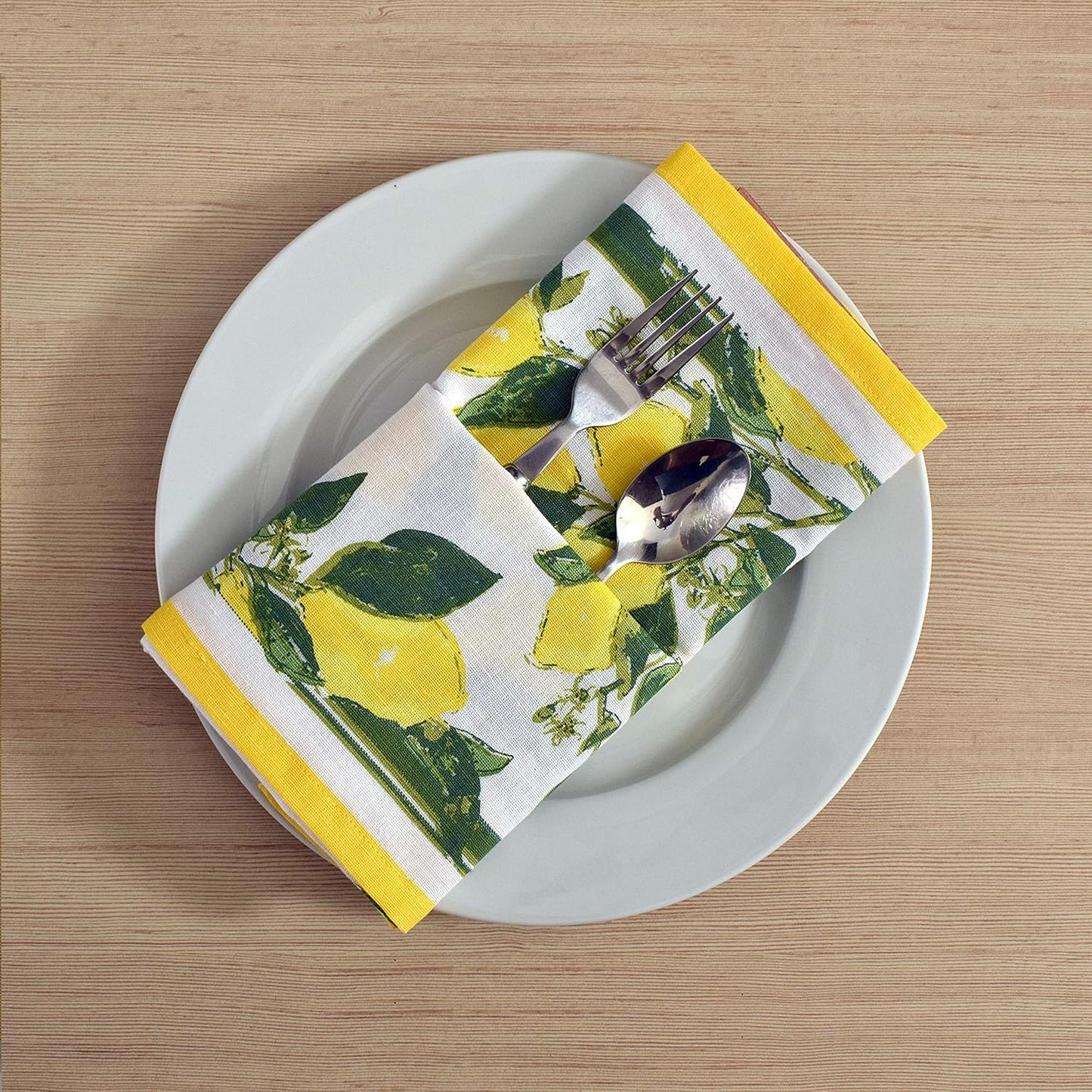 FINGERCRAFT Cloth Napkins Set of 12 Cotton Linen, 20x20 Inch, Lemon Print | Mitered corner, washable, soft, absorbent