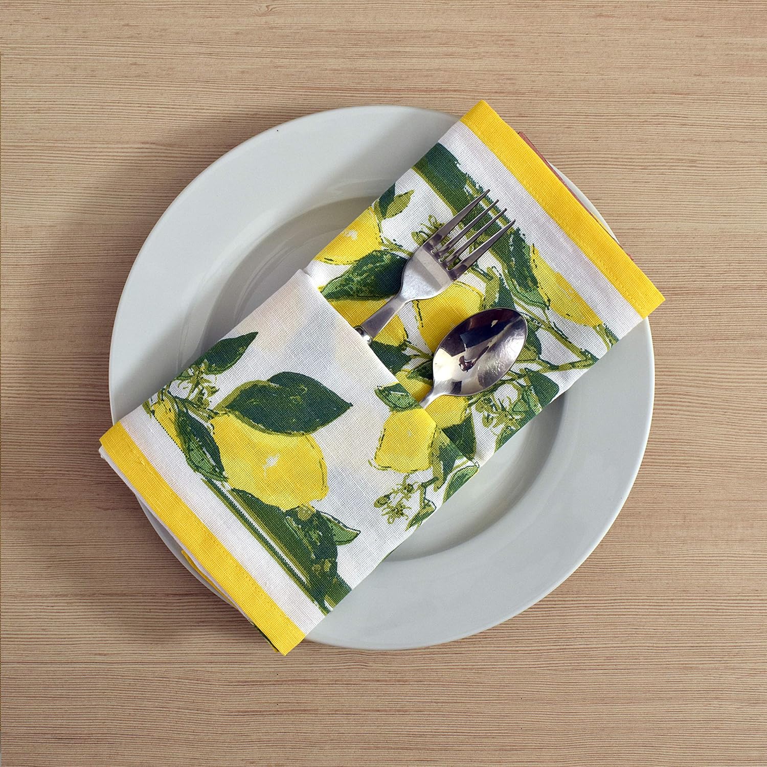 FINGERCRAFT Cloth Napkins Set of 12 Cotton Linen, 20x20 Inch, Lemon Print | Mitered corner, washable, soft, absorbent