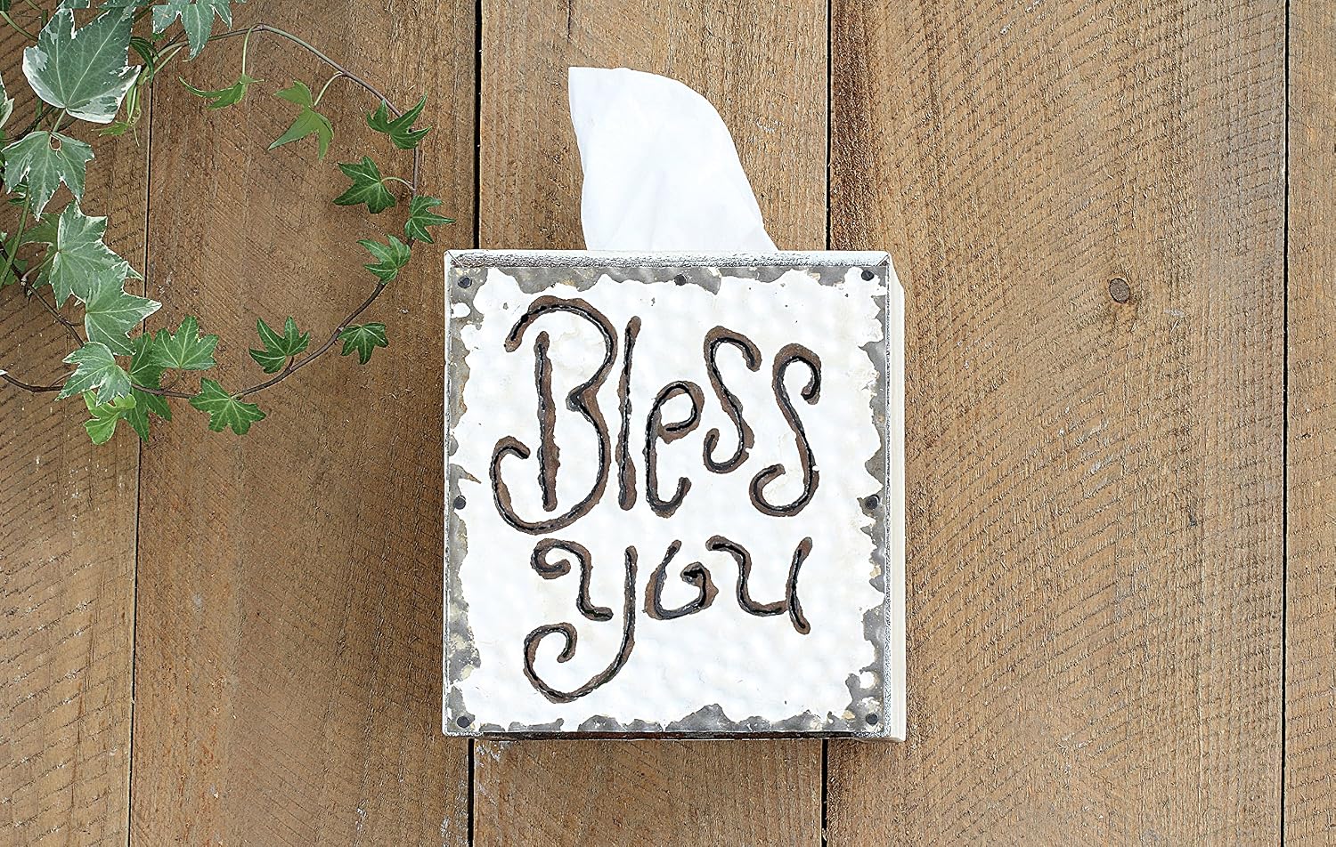 Wood & Metal Bless You Tissue Box Cover / White