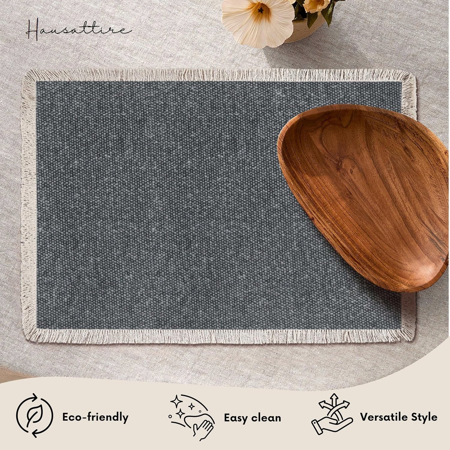 Hausattire Cotton Frayed Placemats Set of 6 Dining Table 13x19 Inch | Rustic Boho Washable Easter Placemat for Outdoor