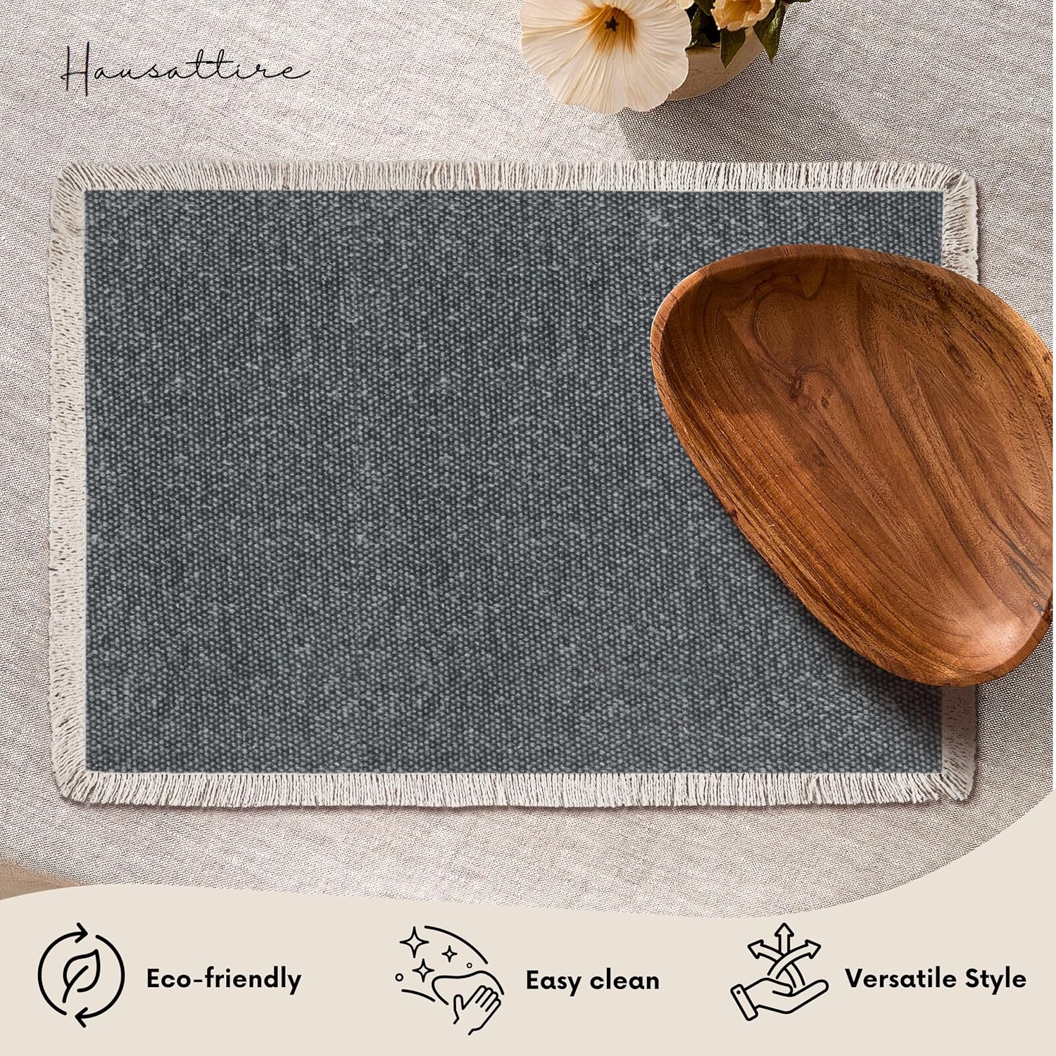 Hausattire Cotton Frayed Placemats Set of 6 Dining Table 13x19 Inch | Rustic Boho Washable Easter Placemat for Outdoor
