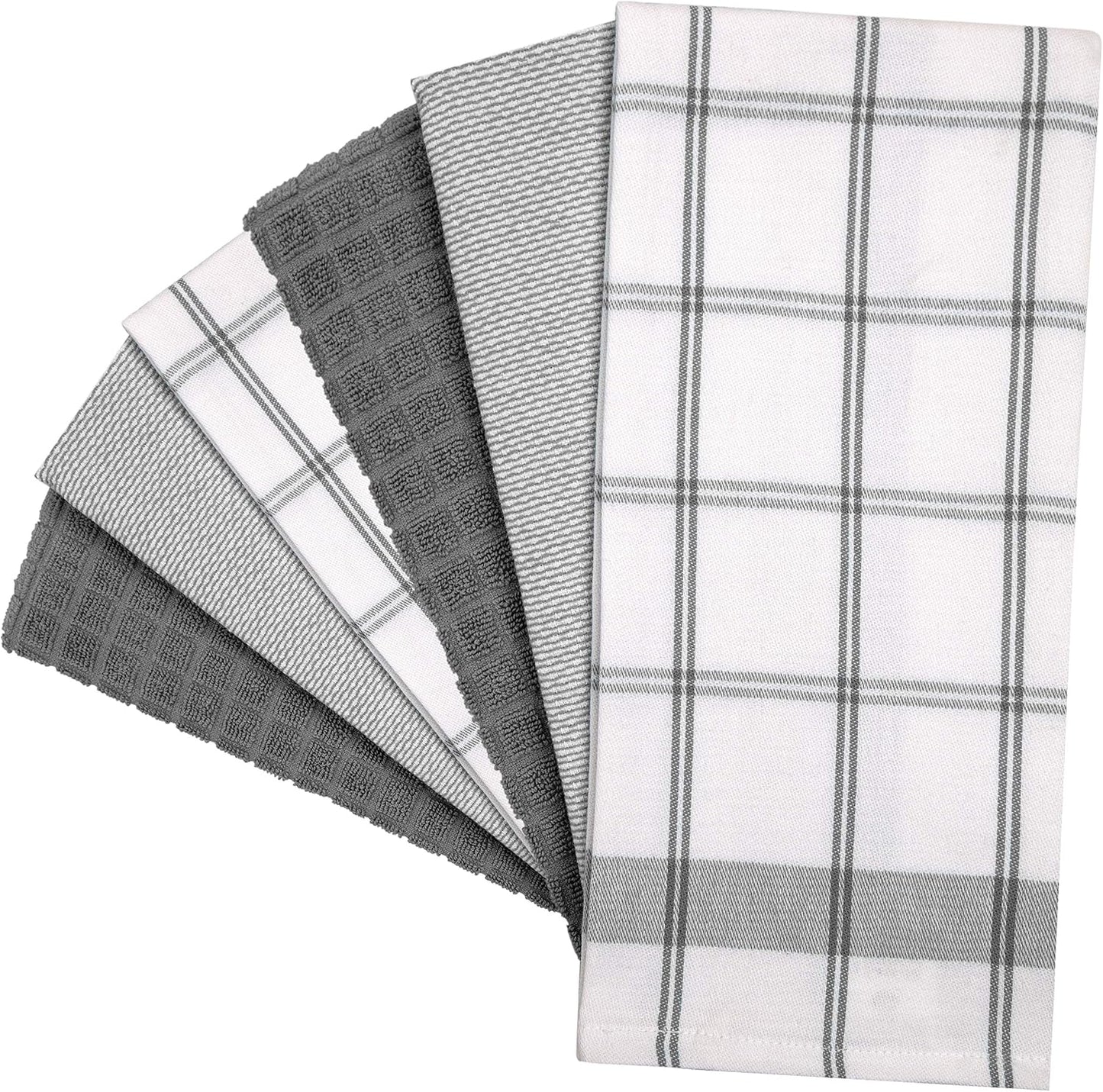 Premium Kitchen Towels 6 Pack 100% Cotton, 20"x28" Dish Towels - Grey Check | Large Flat & Terry Kitchen Linen Set with