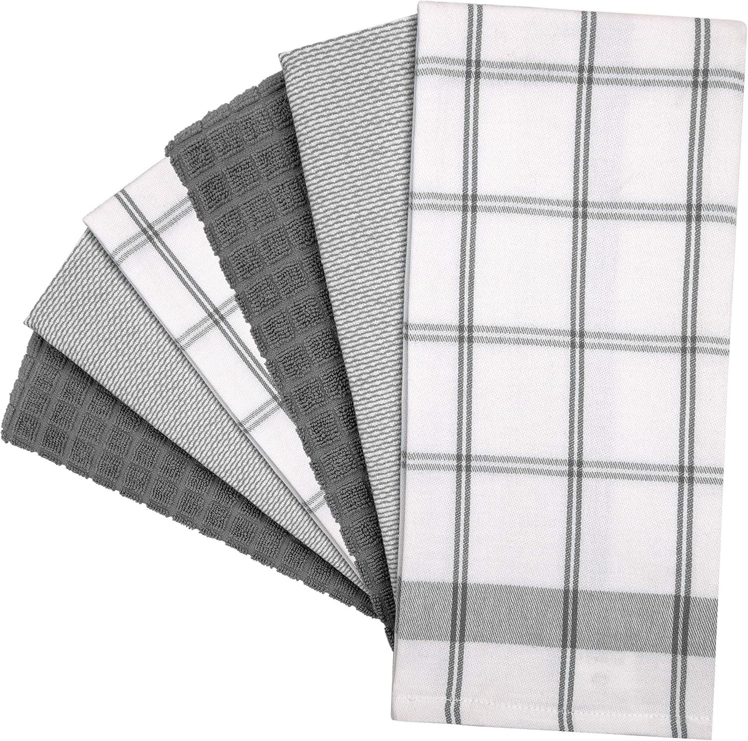 Premium Kitchen Towels 6 Pack 100% Cotton, 20"x28" Dish Towels - Grey Check | Large Flat & Terry Kitchen Linen Set with