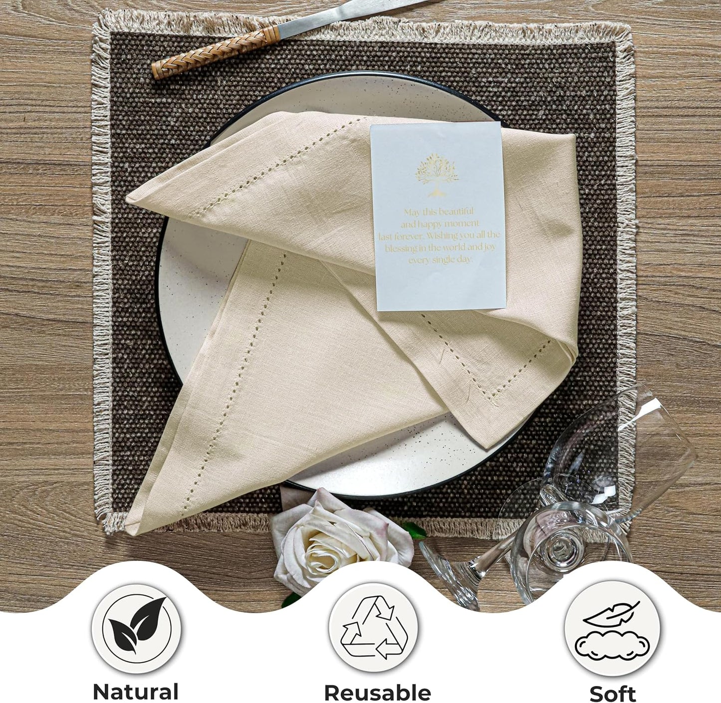 Ramanta Home Natural Cloth Dinner Napkin Set of 12-20x20 Inch, Premium Cotton Linen Flax Hemstitched Napkins, Soft