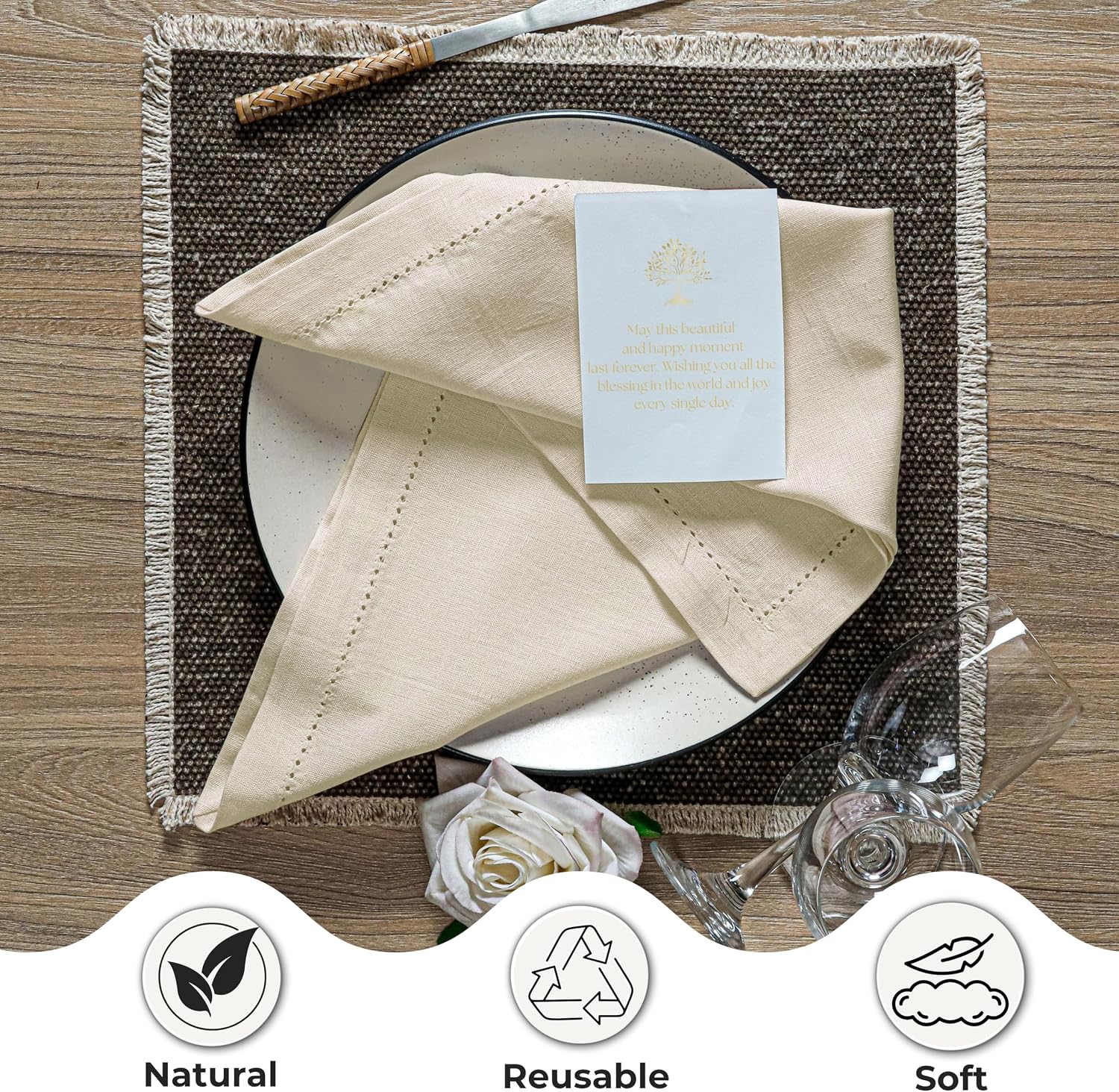 Ramanta Home Natural Cloth Dinner Napkin Set of 12-20x20 Inch, Premium Cotton Linen Flax Hemstitched Napkins, Soft
