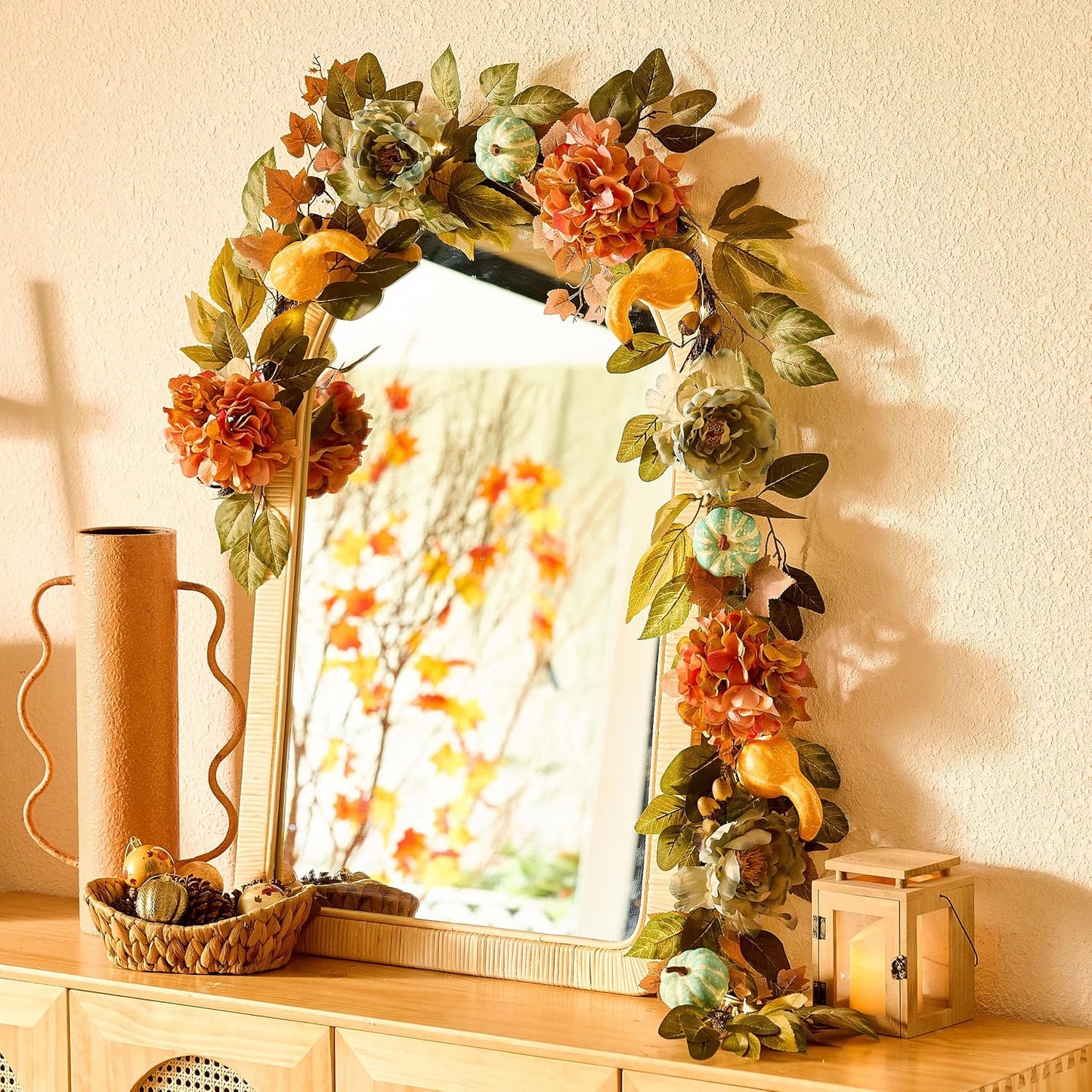 Artificial Fall Autumn Floral Garland / Orange and Blue / 6 ft
