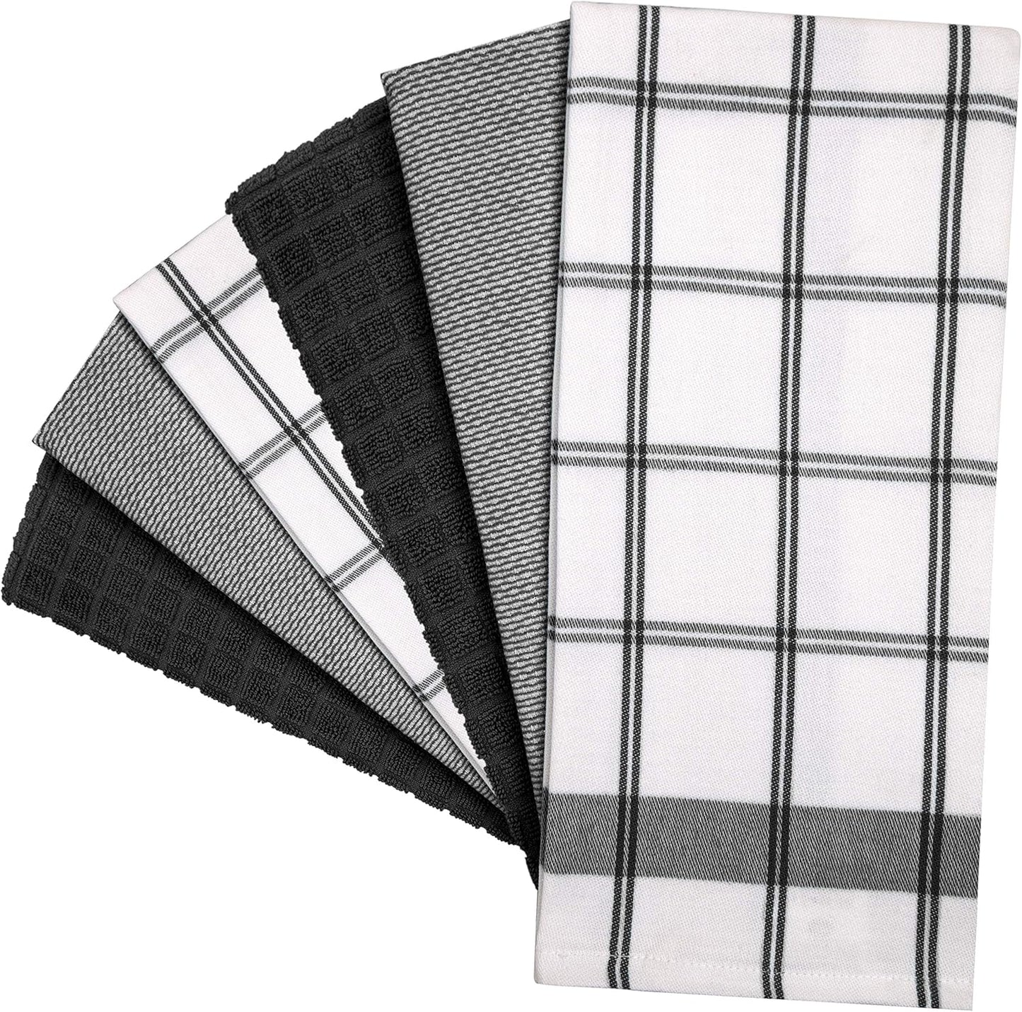 Premium Kitchen Towels 6 Pack 100% Cotton 20"x28" Dish Towels Black Check | Large Flat & Terry Kitchen Linen Set with