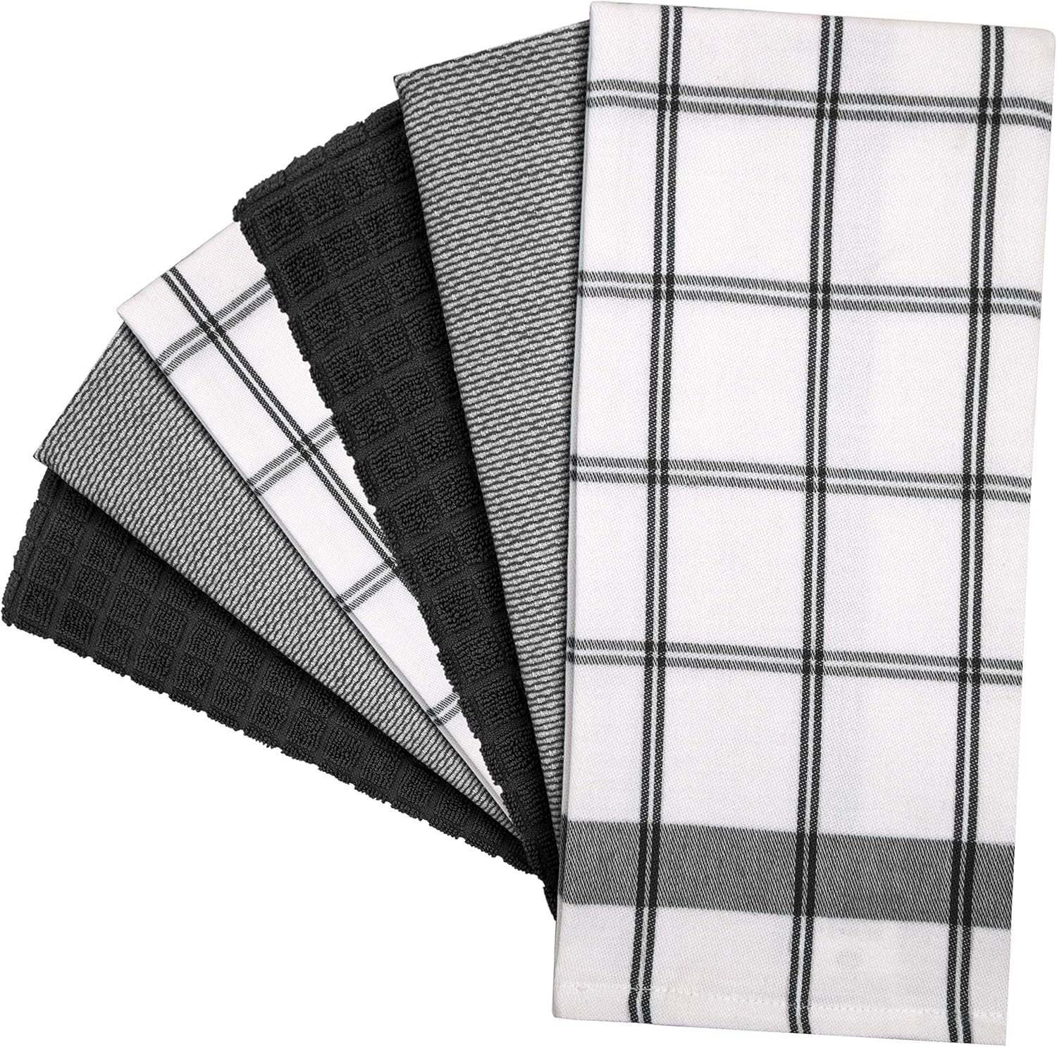 Premium Kitchen Towels 6 Pack 100% Cotton 20"x28" Dish Towels Black Check | Large Flat & Terry Kitchen Linen Set with
