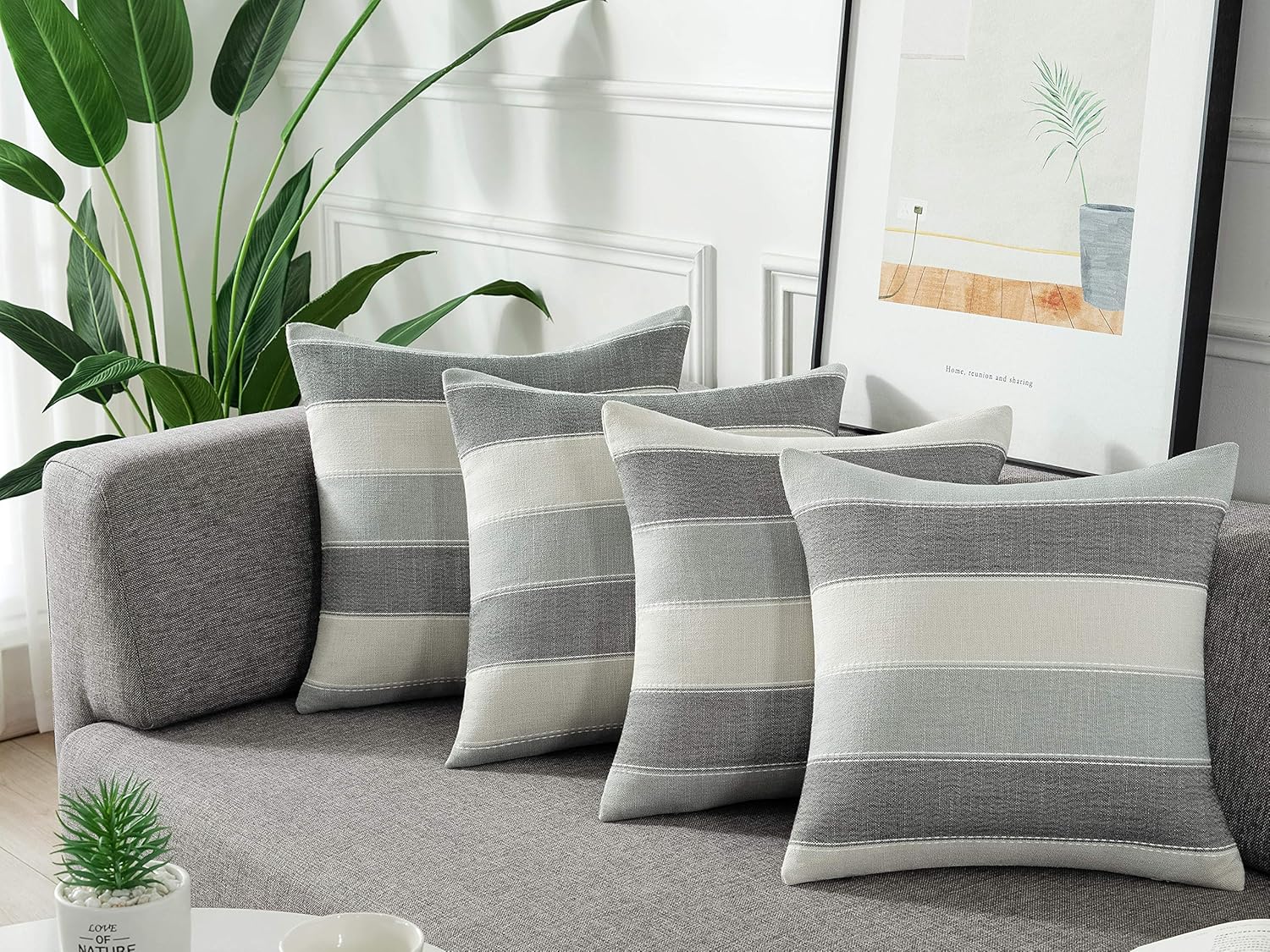Farmhouse Stripe Check Throw Pillow Covers Set Case Cotton / 18 x 18 / Dark Gray Beige / Set of 2