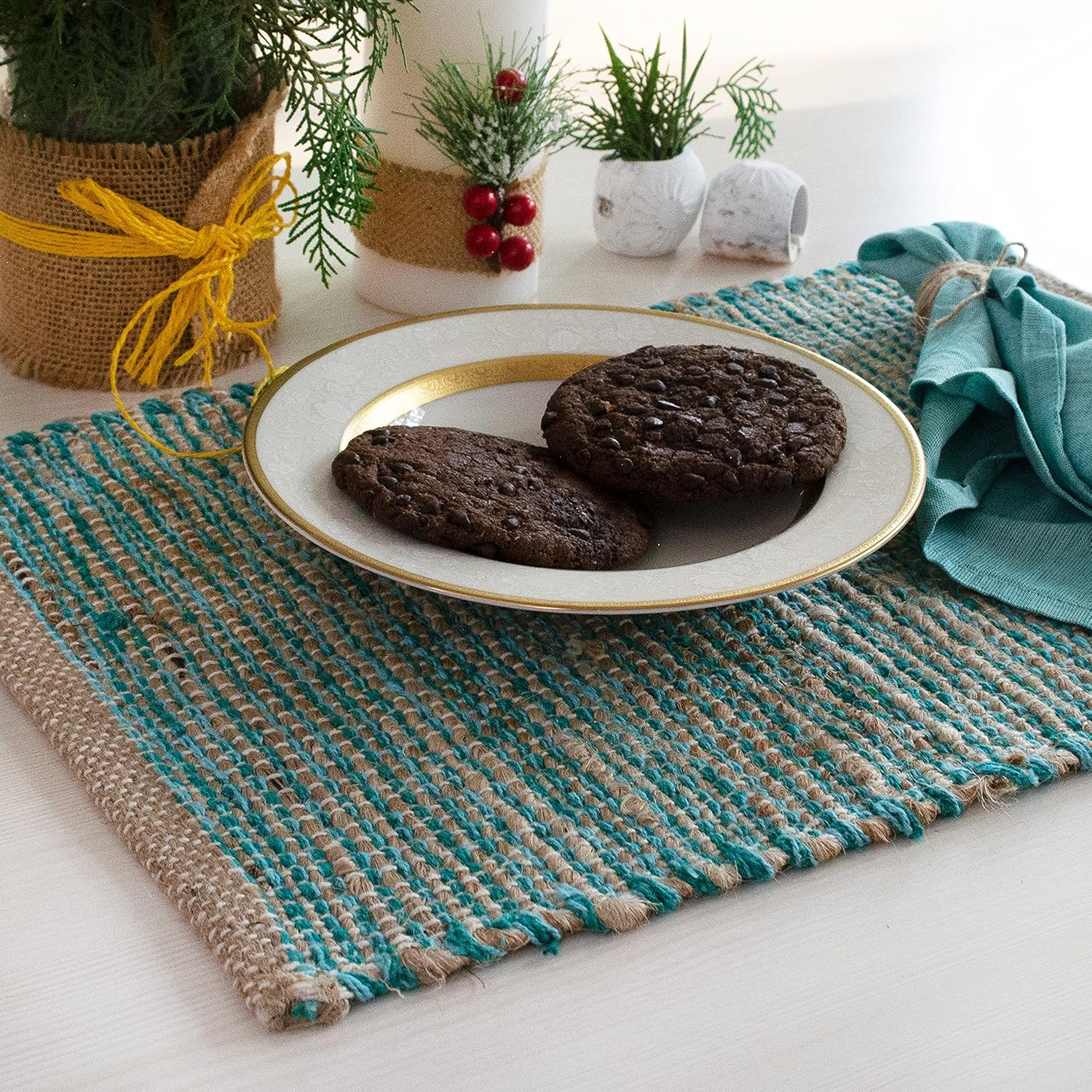 Natural Jute & Aqua Turquoise Placemats, Set of 4 – Rustic Handmade Boho Table Mats, 13x19 in Dining Table Placemats