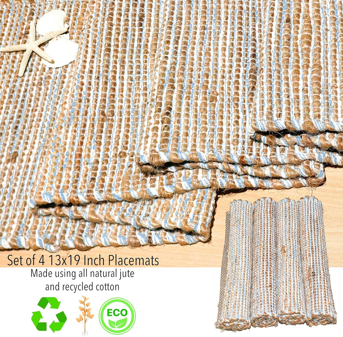 Natural Jute Placemats, Sky Blue-White, Set of 4, 13x19 in | Rustic Handmade Boho Table Mats, Kitchen, Everyday Meals