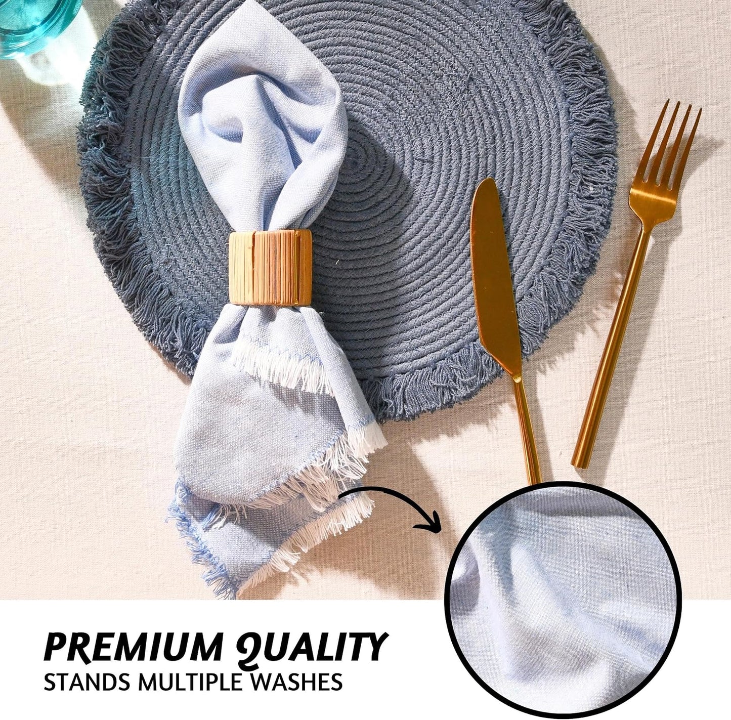 Folkulture Cloth Napkins, Set of 12, Fringe Blue (18x18 Inch) | 100% Cotton, Decorative, Machine Washable, Soft