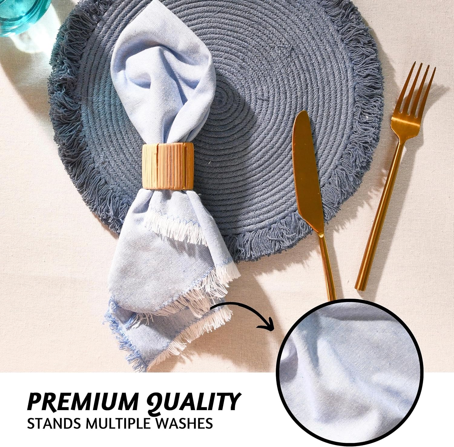 Folkulture Cloth Napkins, Set of 12, Fringe Blue (18x18 Inch) | 100% Cotton, Decorative, Machine Washable, Soft
