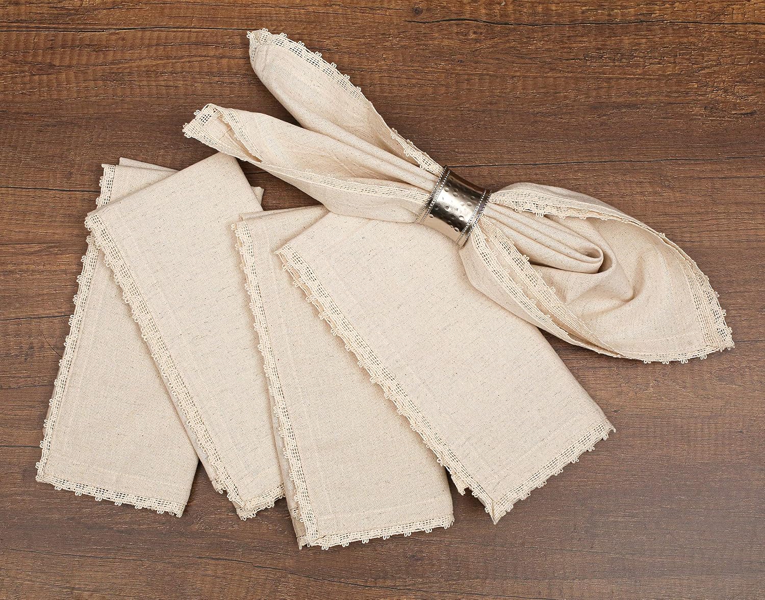 Bedding Craft Linen Cloth Napkins with Lace, 18x18, Set of 12 | Flax cotton blend, lace trim, mitered corners, machine