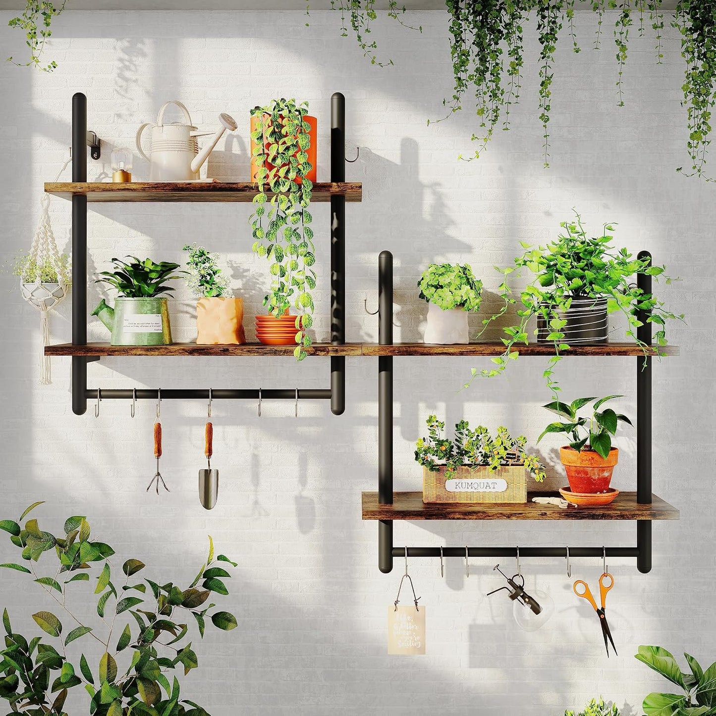 Bestier 24" Floating Kitchen Shelves Wall Mounted 2 Tier Coffee bar Shelves with 8 Hooks, Industrial Wall Shelf for