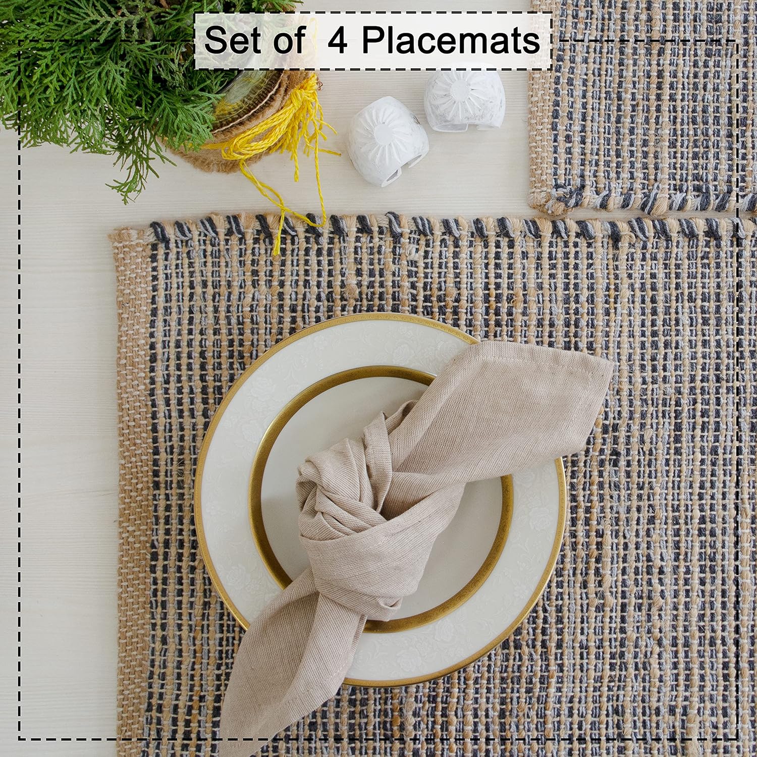 Natural Jute & Grey Placemats, Set of 4 – Rustic Handmade Boho Table Mats, 13x19 Inch Dining Table Placemats for