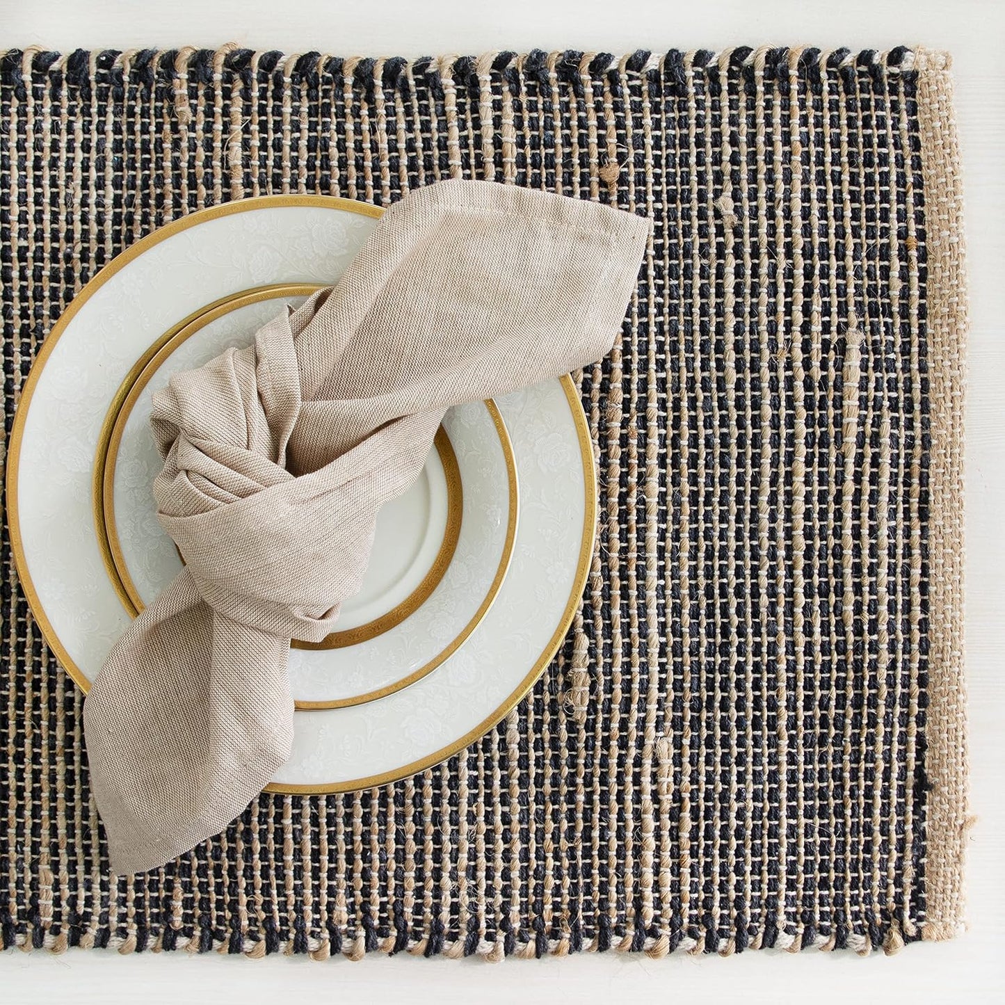 Natural Jute & Black Placemats, Set of 4 – Rustic Handmade Boho Table Mats, 13x19 Inch Dining Table Placemats for