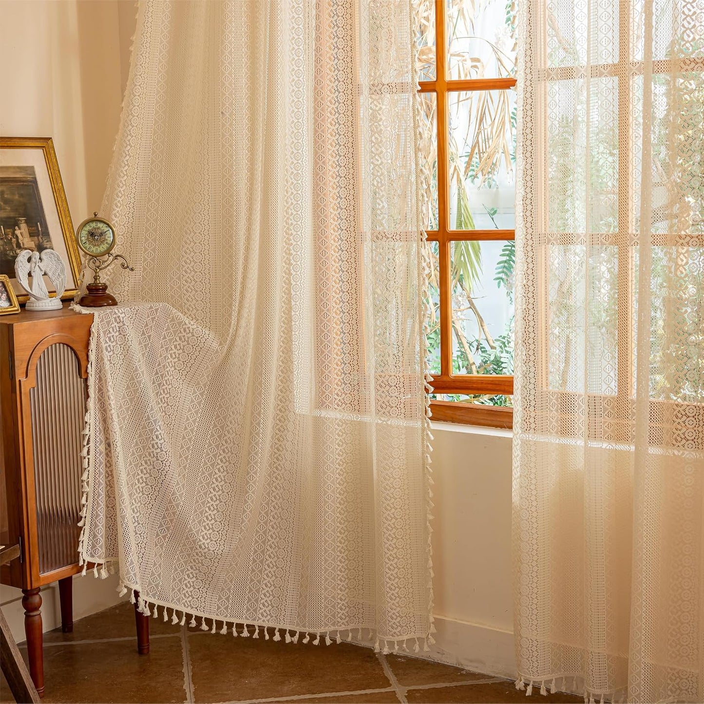 Boho Lace Curtains Long / Beige / 50"W x 84"L / 84 Inch / Set of 2