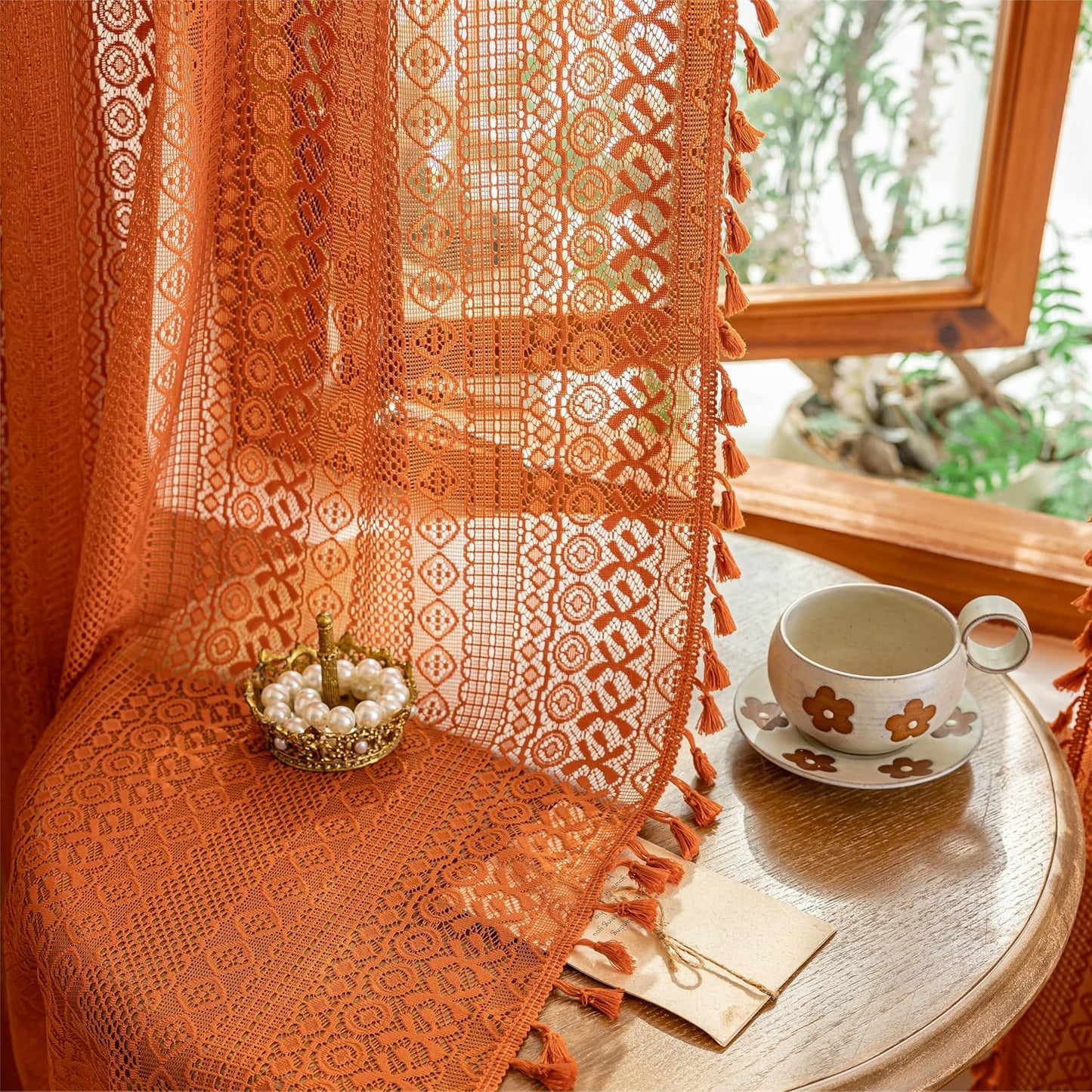 Boho Lace Curtains 2 Panels Long / Terracotta / 50"W x 84"L / Orange / 84 Inch