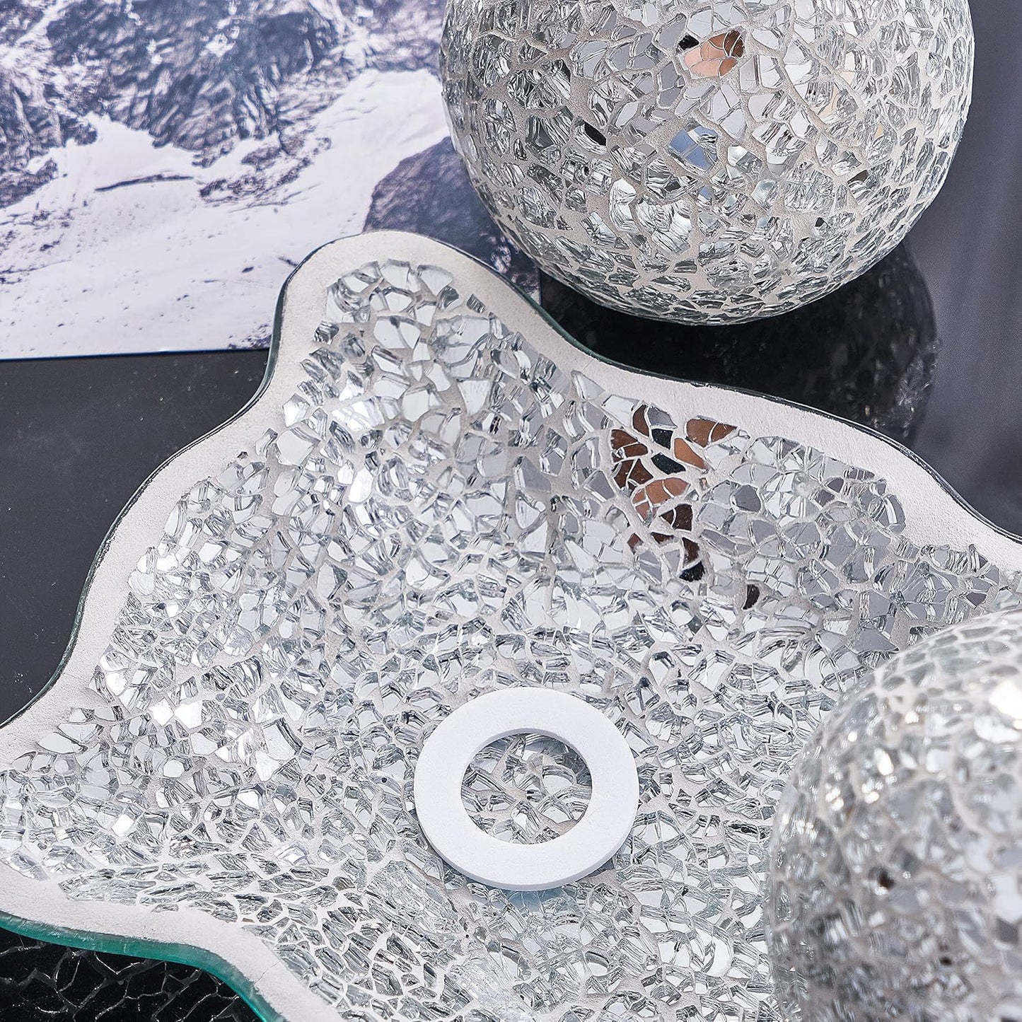 12.4" Mosaic Glass Decorative Tray Dish Plate / Silver / Set of 3