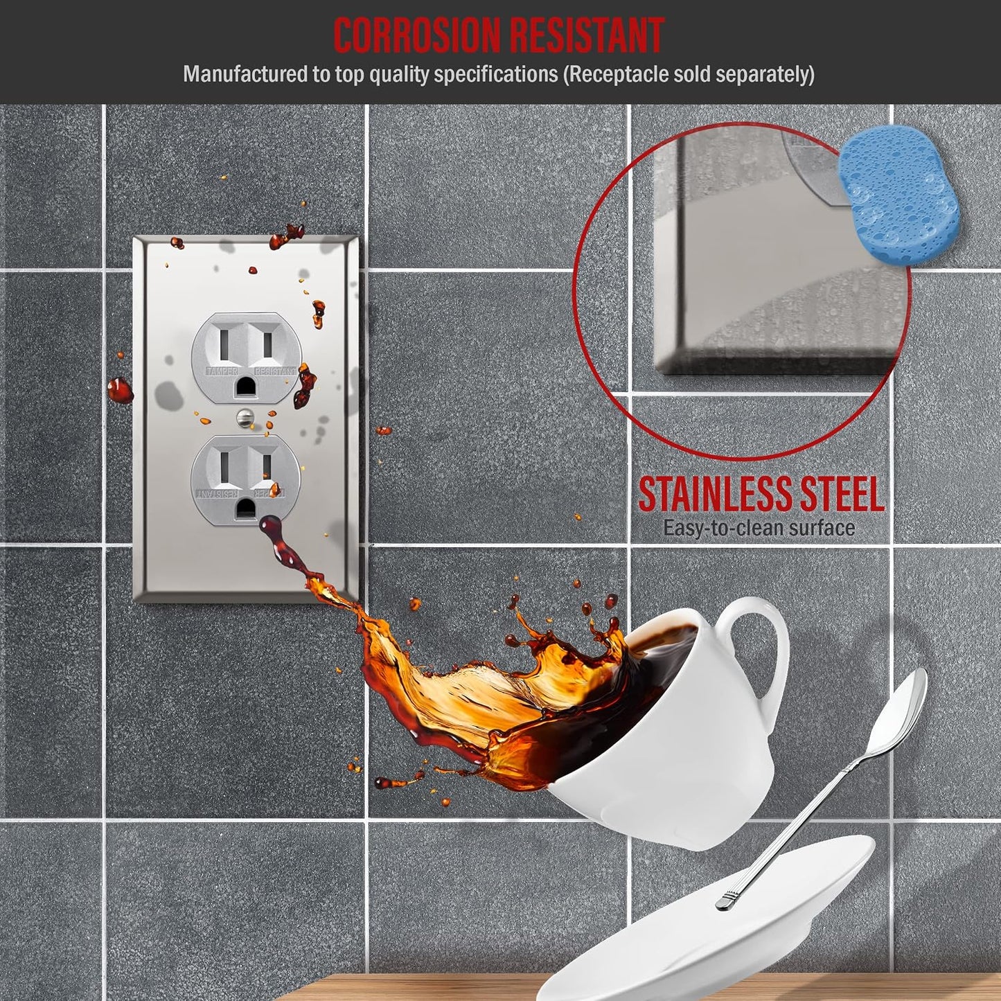 ENERLITES Duplex Receptacle Metal Wall Plate, Stainless Steel Outlet Cover, Corrosion Resistant, Size 1-Gang 4.50" x